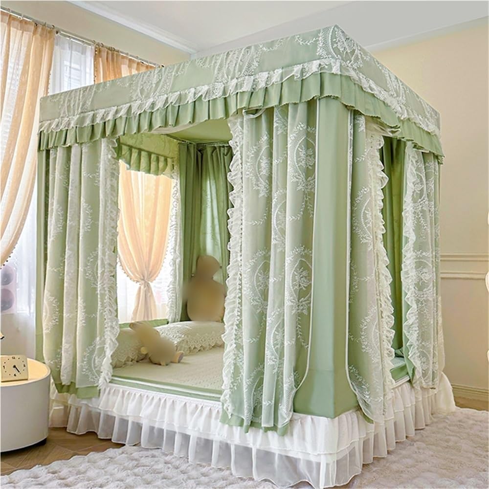 Princess Bed Canopy Curtain, Double Layer, 4 Corner Post, 3 Openings, Cute Cozy Square Design for Girls Bedroom, Suitable for Full/Queen/King Size Beds