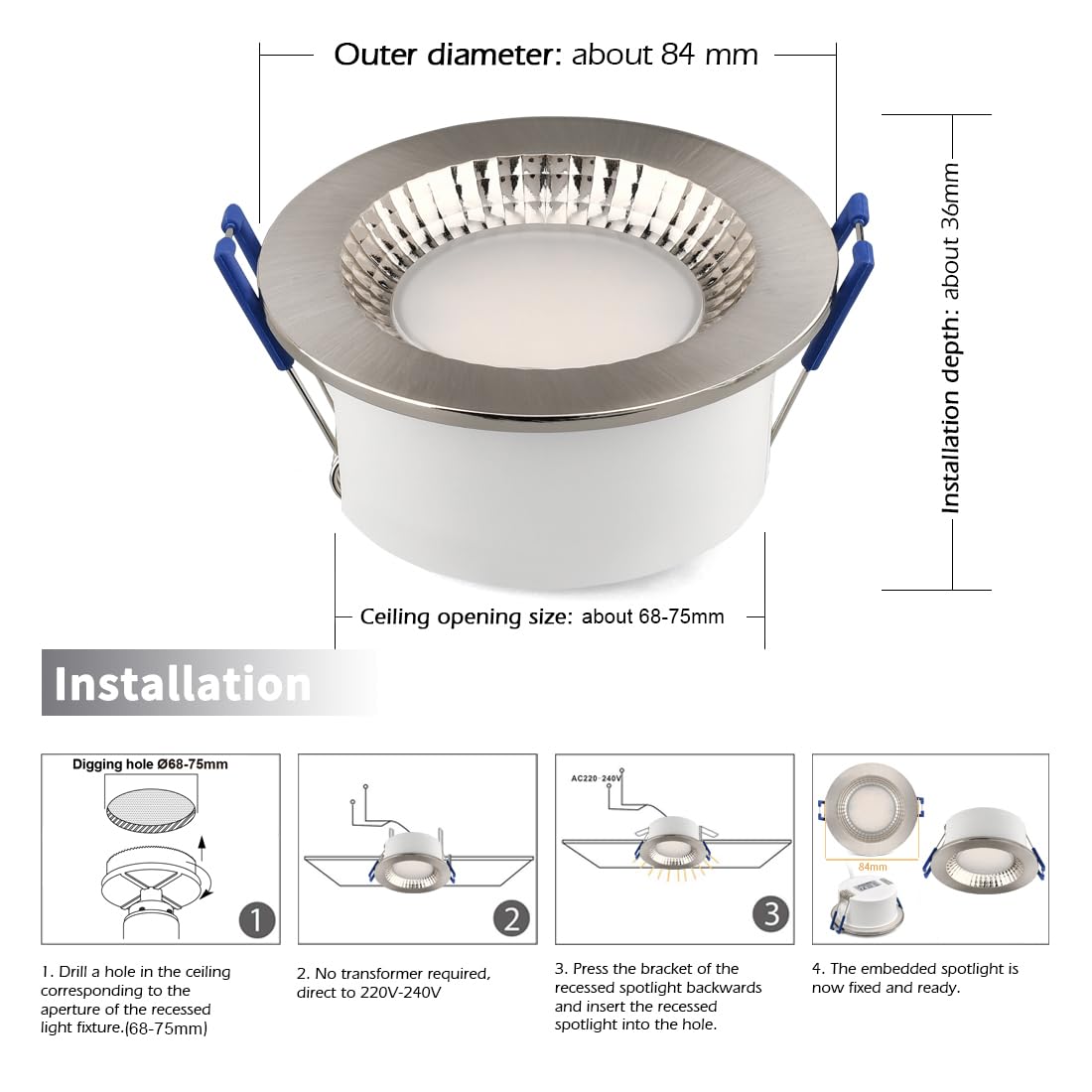 KYOTECH Foco led empotrable techo IP65 Luz Natural 4500K 6W 500LM Ultraplanos Downlight LED techo Ángulo de Luz 120° Luz de Techo Para Baño Cocina Balcón Pasillo 6 piezas
