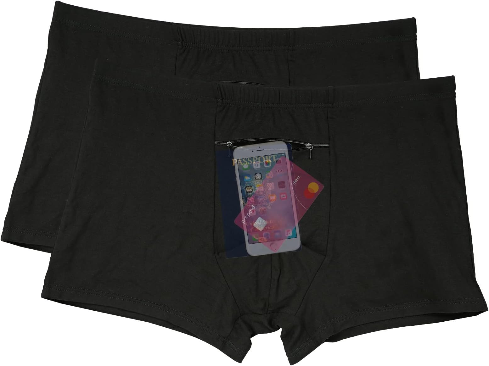 Pocket Underwear for Men with A Secret Hidden Pocket, Travel Boxer Briefs, 2 Packs (Black)