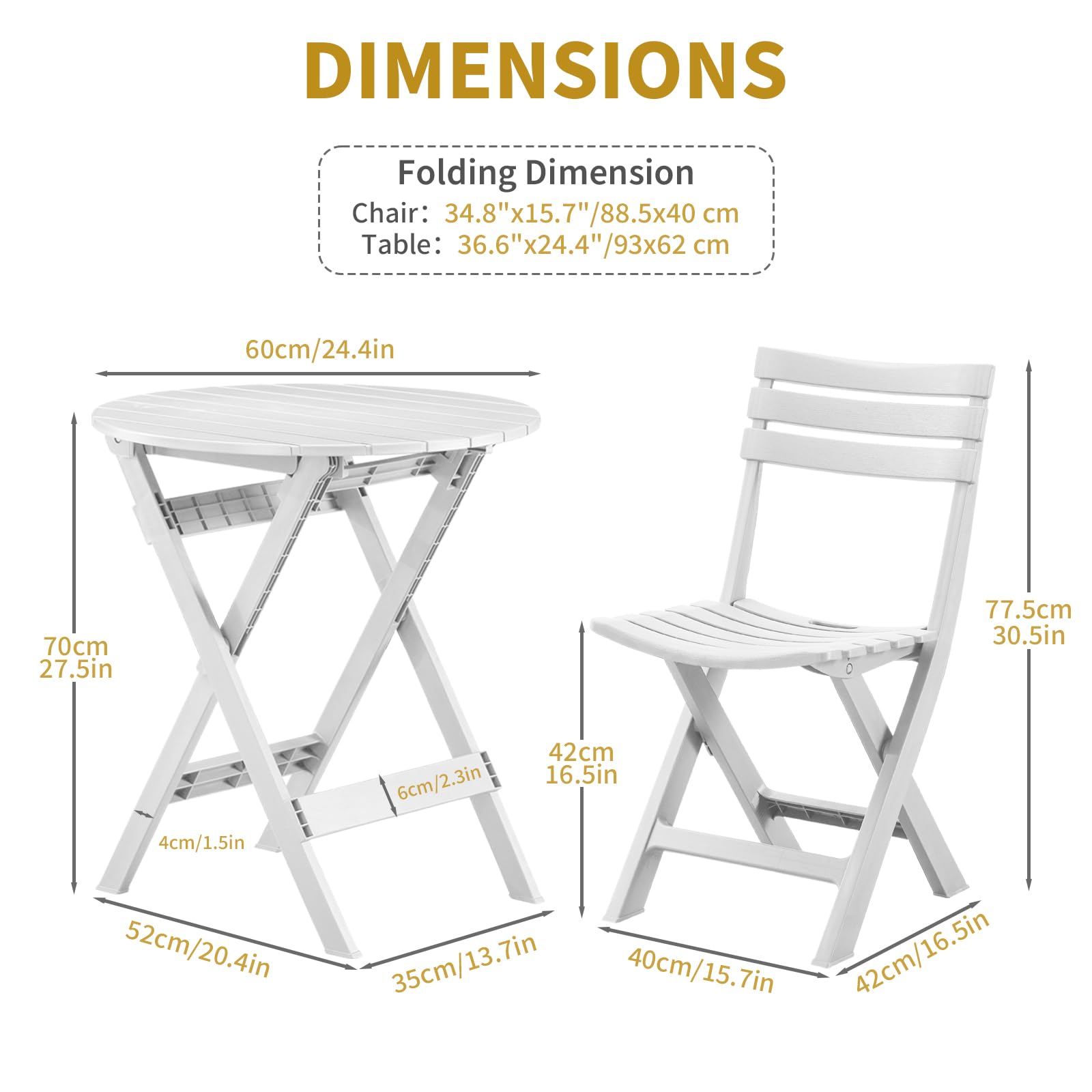 KAIHAOWIN Set da bistrot pieghevole per esterni, tavolo e sedie per 2 piccoli mobili, 3 pezzi, veranda, cortile, balcone, giardino, patio, bianco
