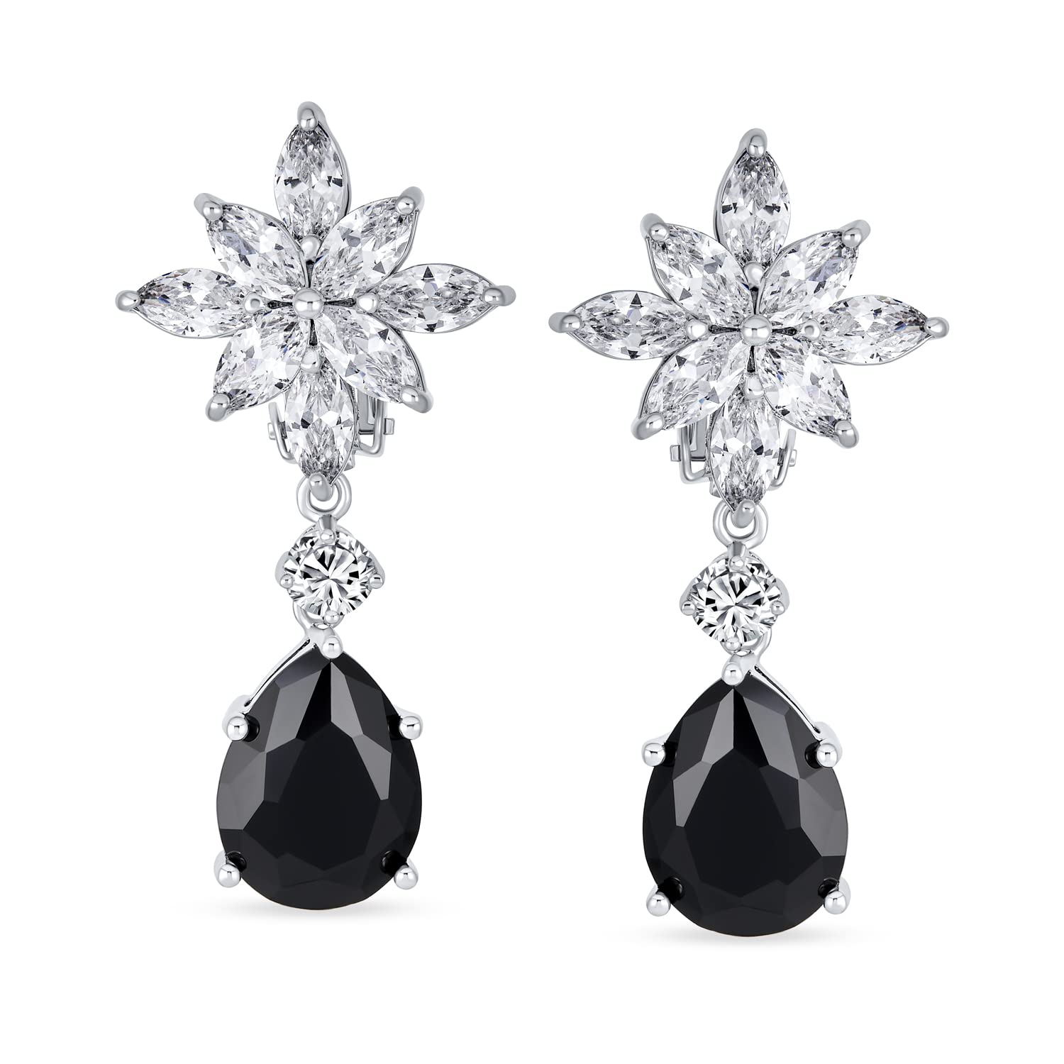 Cluster Floreale Aaa Cz Rosso O Nero Di Stile Art Deco Nuziale Dichiarazione Dangle Teardrop Chandelier Clip On Orecchini Per Le Donne Simulato Ruby Onyx Argento Placcato