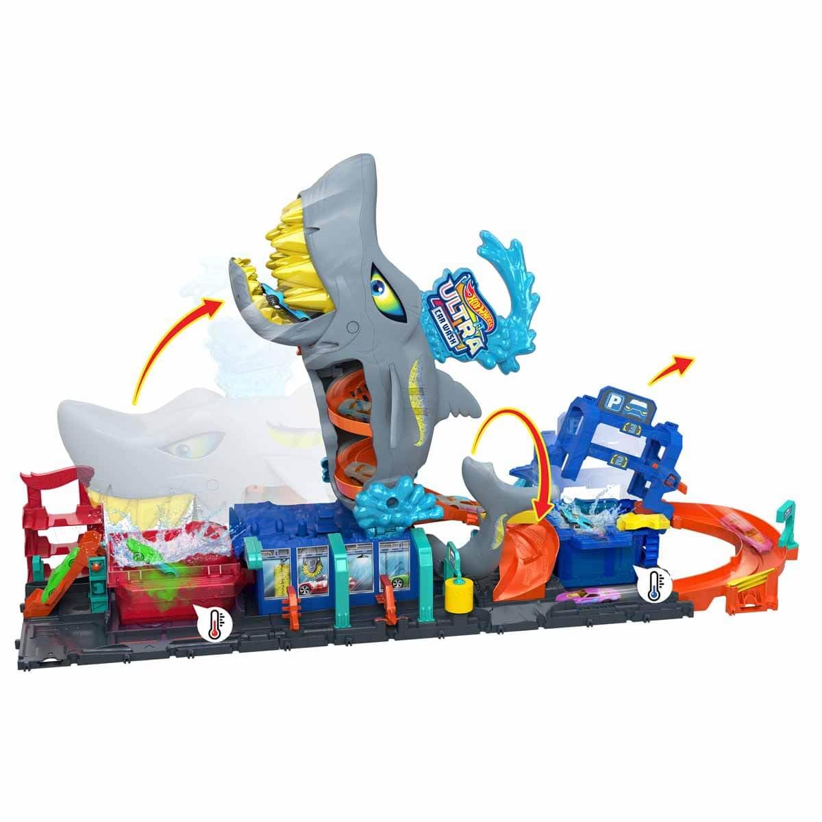 Hot Wheels City Ultra „Let's Race – Na start!” Netflix - Myjnia Rekina Zestaw do zabawy z pojazdem Color Reveal w skali 1:64 i z funkcją zmiany koloru + miejsce do przechowywania, HTN82