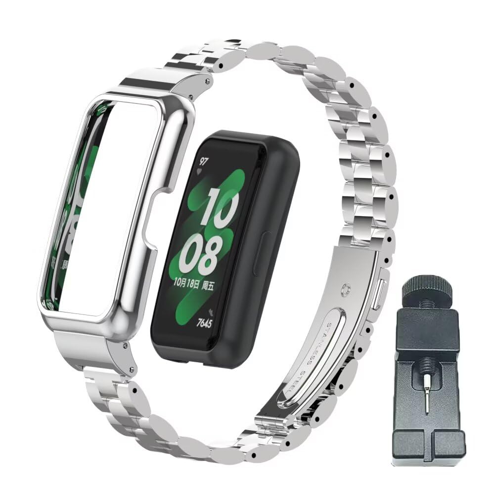 T-BLUER Compatible for Huawei Band 9/8/7 Strap,Stainless Steel Metal Replacement Band Bracelet with Metal Frame for Huawei Band 7/8/9 Woman Man Silver
