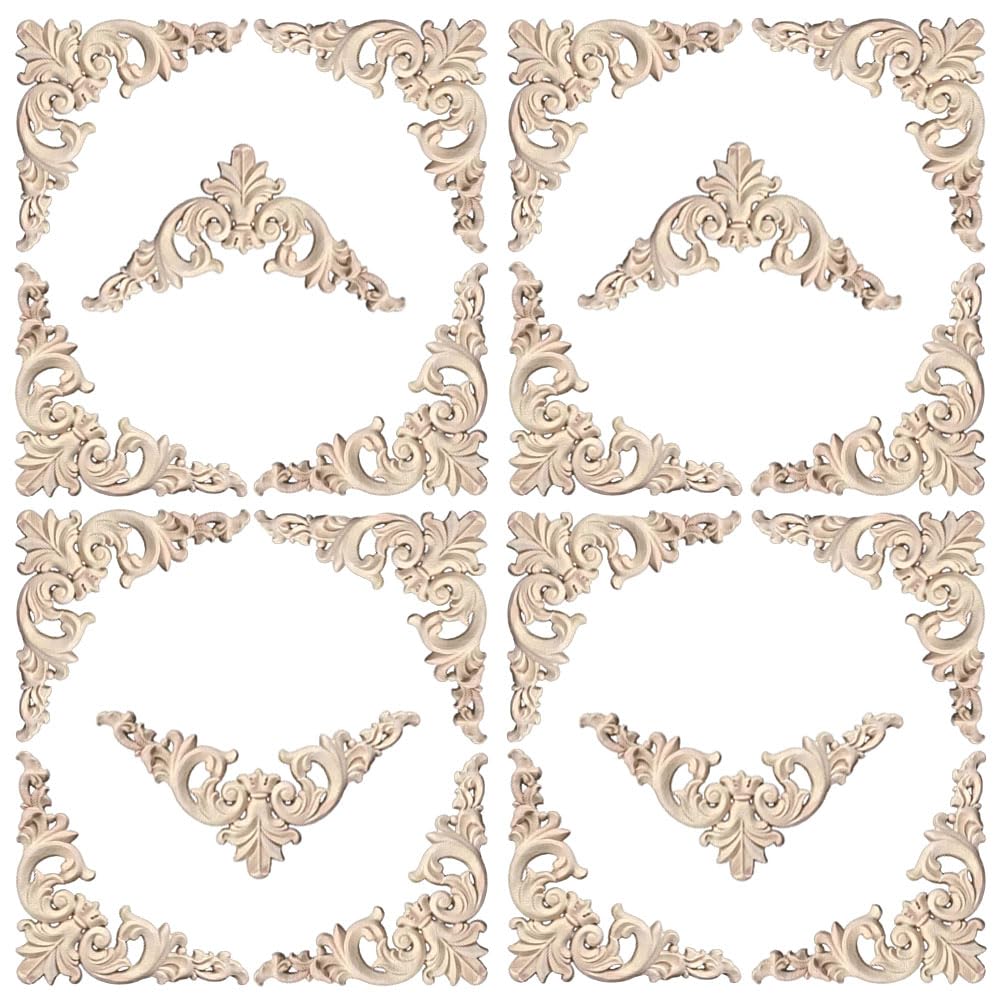 Aiminjey 20 Pcs Decorative Wood Flower Carved Appliques Corner Onlay 3.1 x 3.1 inch DIY Unpainted Solid Wooden Carved Corner Decal for Furniture Wardrobe Closet Decoration (Cloud)