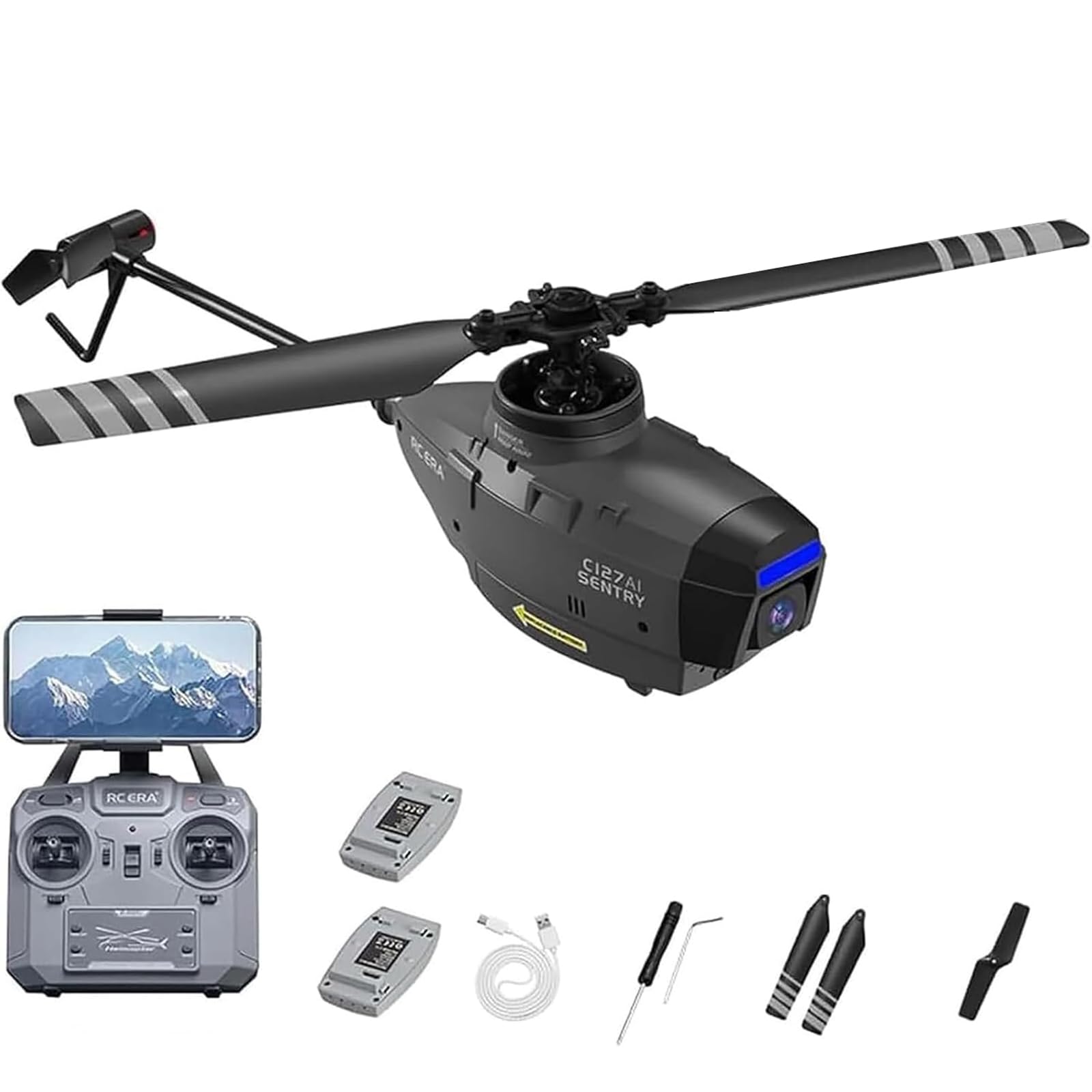 C127AI Scout RC Helicopter z kamerą 1080P, 4-kanałowy zdalnie sterowany helikopter z 6-osiowym żyroskopem, jednym przyciskiem startu/lądowania, optycznym pozycjonowaniem przepływu