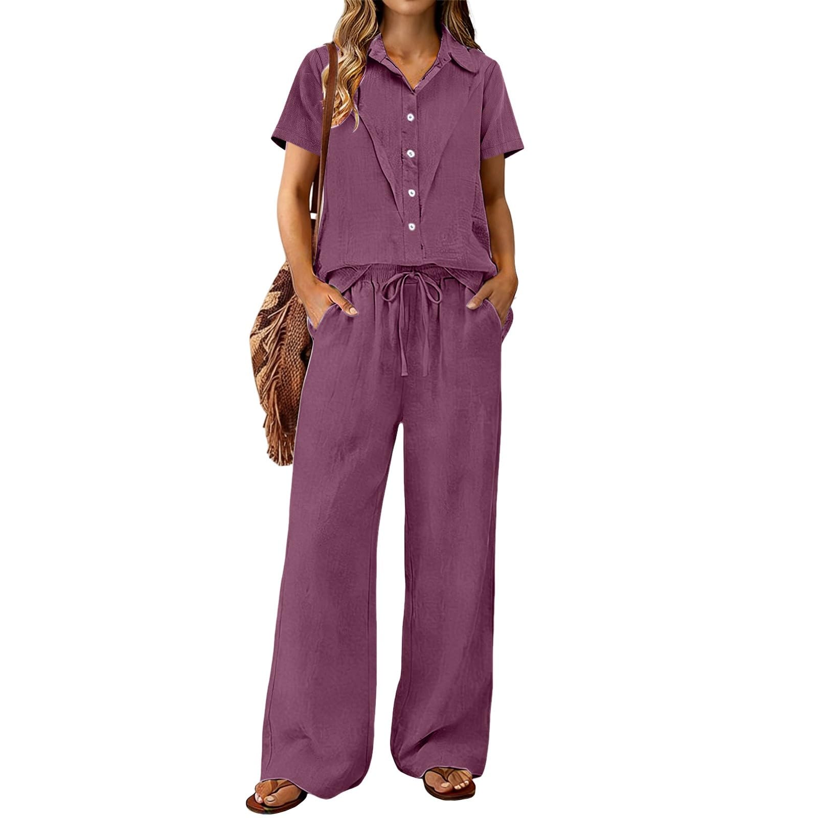 Zweiteiler Damen Sommer Leine Top und Hose 2 Teiler Hosenanzüge Baumwolle Leinen Jogginganzug Outfit Anzug Luftig Freizeitanzug,Zweiteiler Musselin Damen,Business Casual
