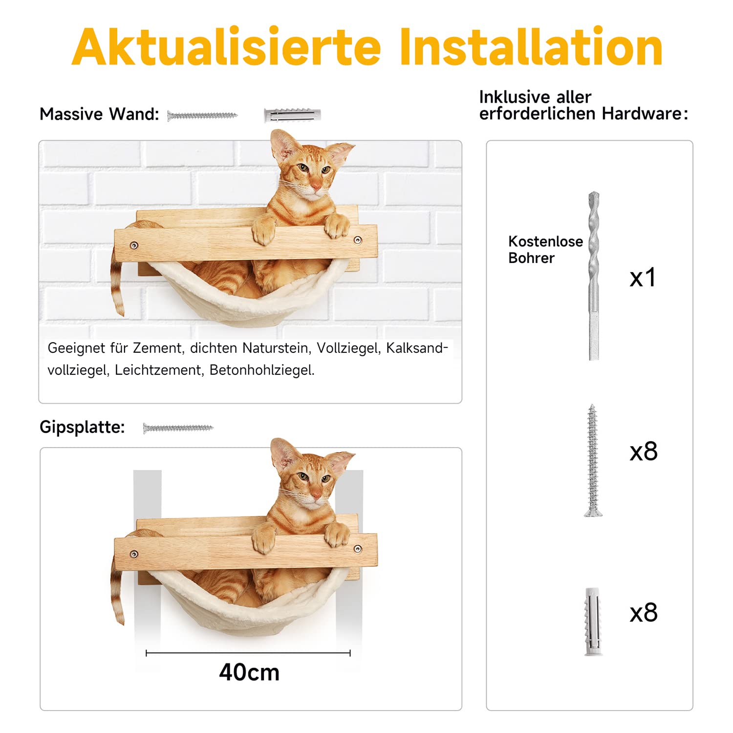 FUKUMARU Kletterwand Katzen, Großes Katzenregal zur Wandmontage, aus massivem Gummibaumholz, Katzenhängematte Wand zum Schlafen, Spielen, Tragkraft bis 18 kg, Weißes Flanellmaterial