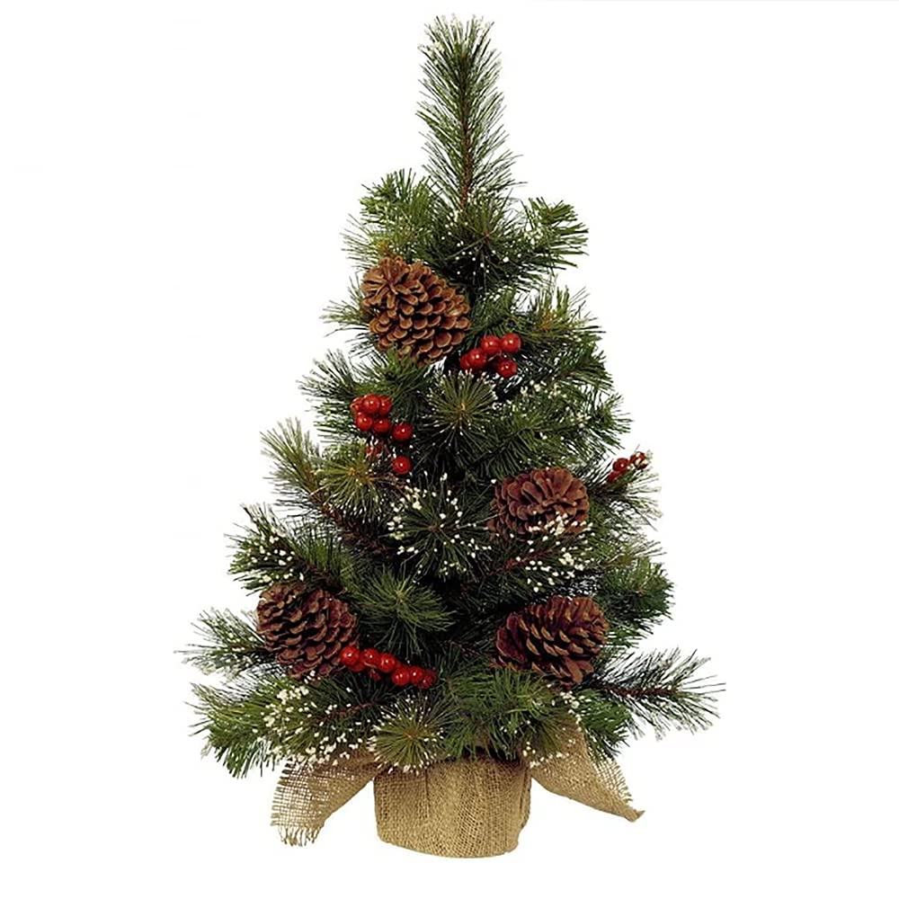 Mini Christmas Tree with Lights: 20Inch Small Tabletop Xmas Decor - Desktop Artificial Christmas Tree 1.7Ft with Red Berries Pine Cones for Indoor Bedroom Office Kitchen Decoration