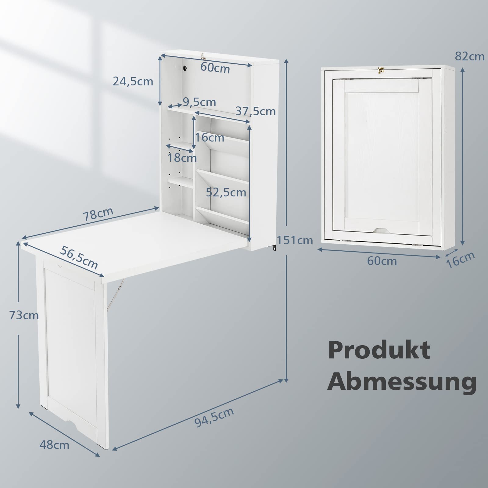 COSTWAY Wandklapptisch mit Stauraum, klappbarer Wandtisch, platzsparender Wand Klapptisch, Schreibtisch Esstisch für Esszimmer Wohnzimmer Küche (Weiß)