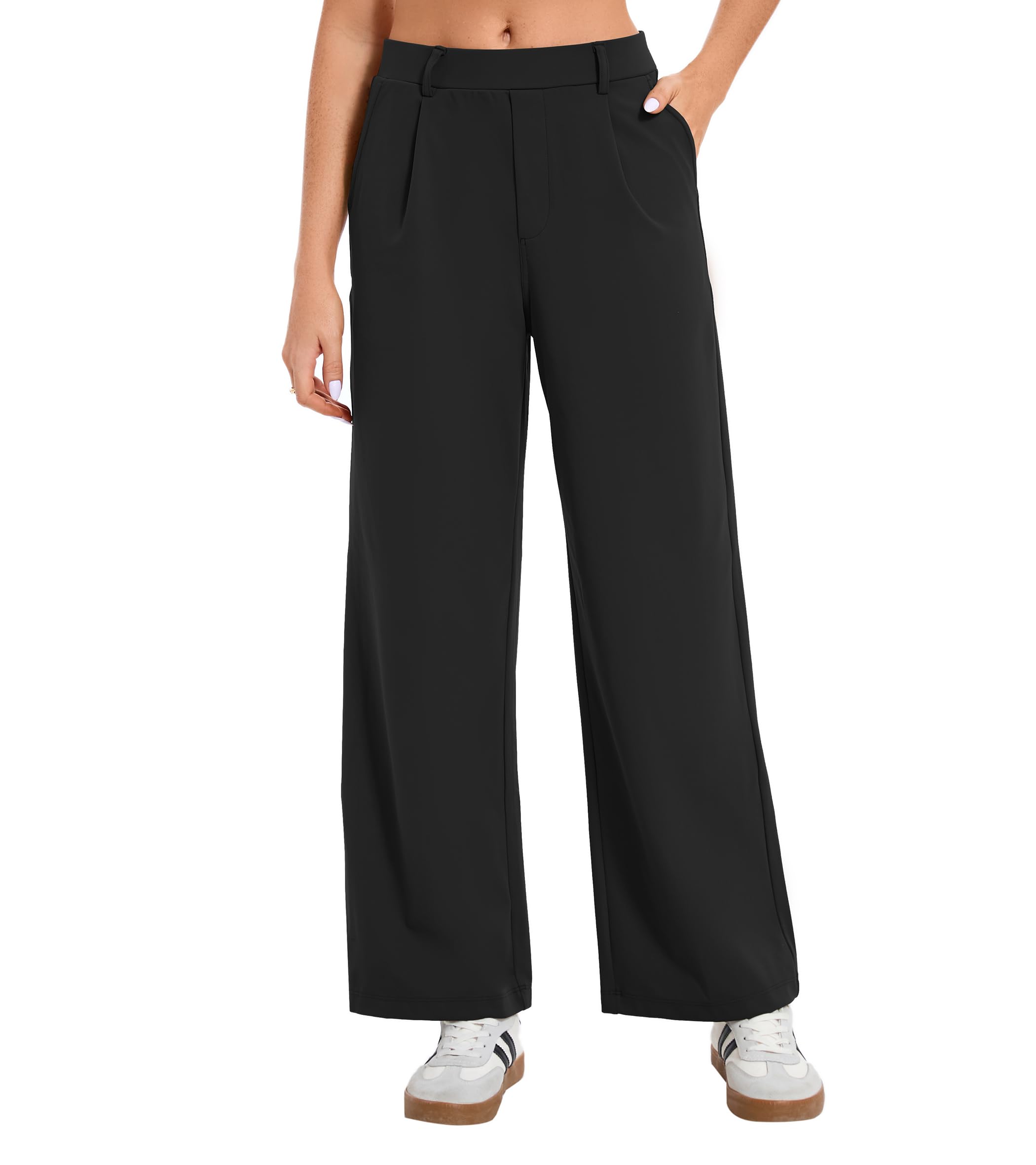Oyamiki Fashion Dress Pants for Women Trendy Business Casual Wide Leg High Waisted Trousers with 2 Pockets Stretch Pantalon