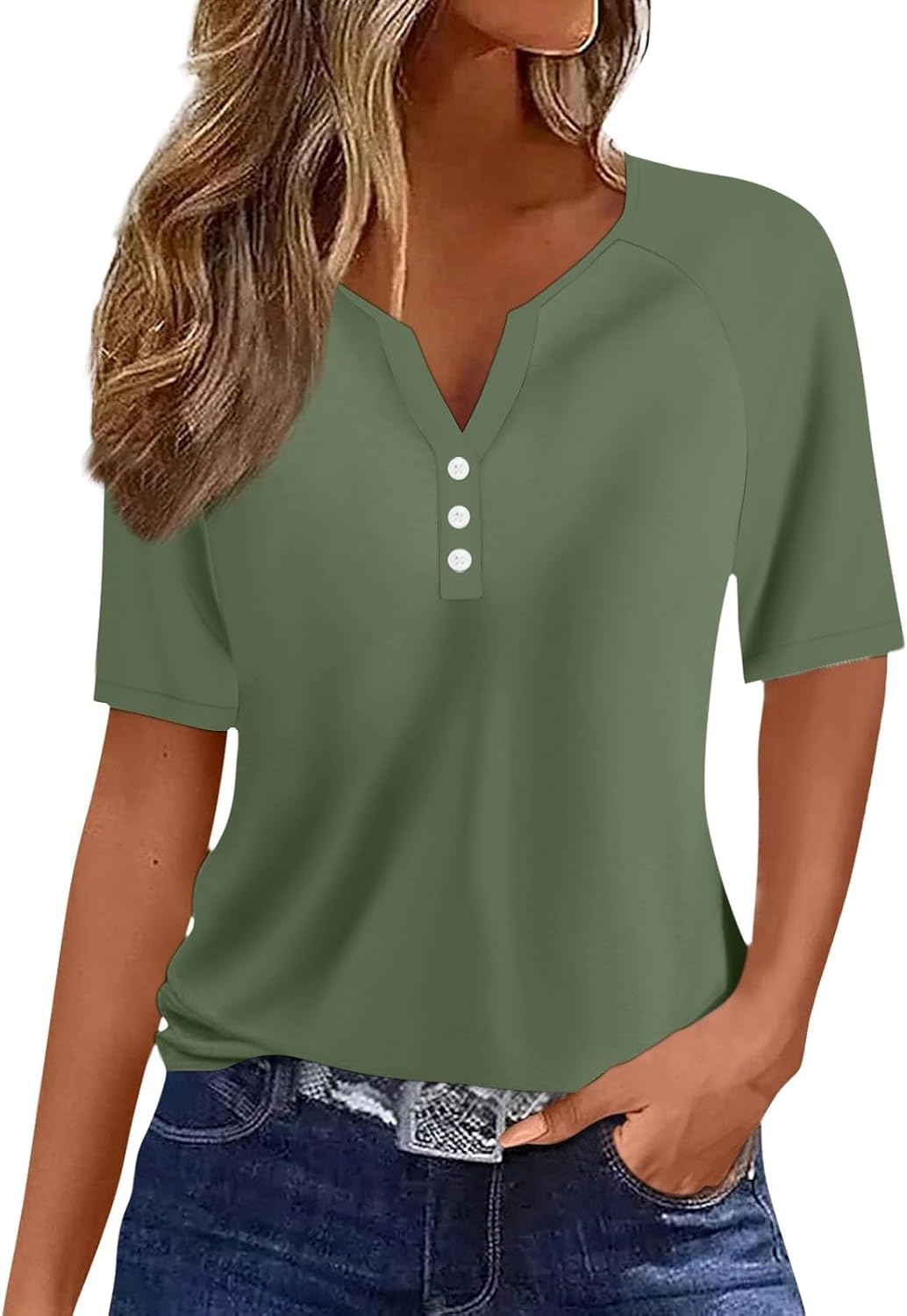 Women's Tops, Short Sleeve Button V Neck T Shirts Solid Color Summer Tops Loose Casual Blouse, S-3XL