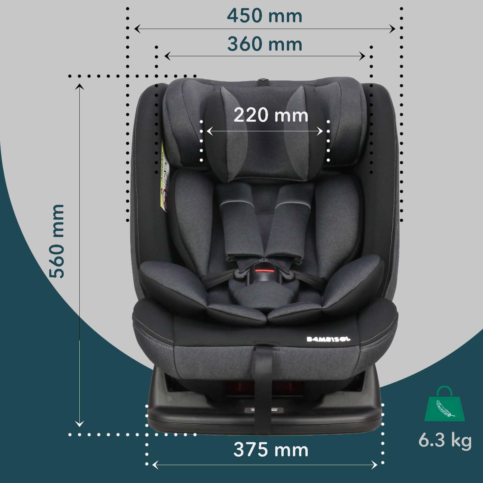 Bambisol - Siège Auto Evolutif - i-Size 40-150 de la naissance à 150 cm (36 kg) - Convient à toutes Voitures - ECE129/03 - Textile Déhoussable Lavable - Appui-tête Ajustable - Harnais 5 points