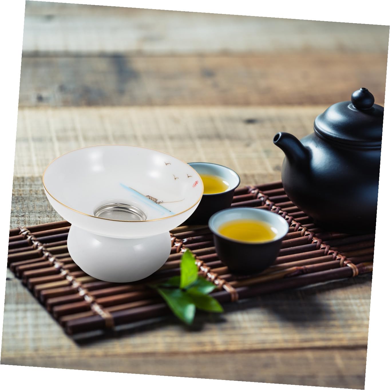 DOITOOL Filtre à Thé en Céramique Dessinée la Main avec Support en Acier Inoxydable, Infuseur Réutilisable pour Maison et Bureau, Style Antique pour Infusion
