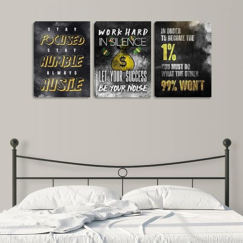 Miniatura 4 de Arte moderno de pared con citas motivacionales de éxito, arte de pared negro de 3 piezas, arte inspirador de ajetreo de empresario, impresiones de