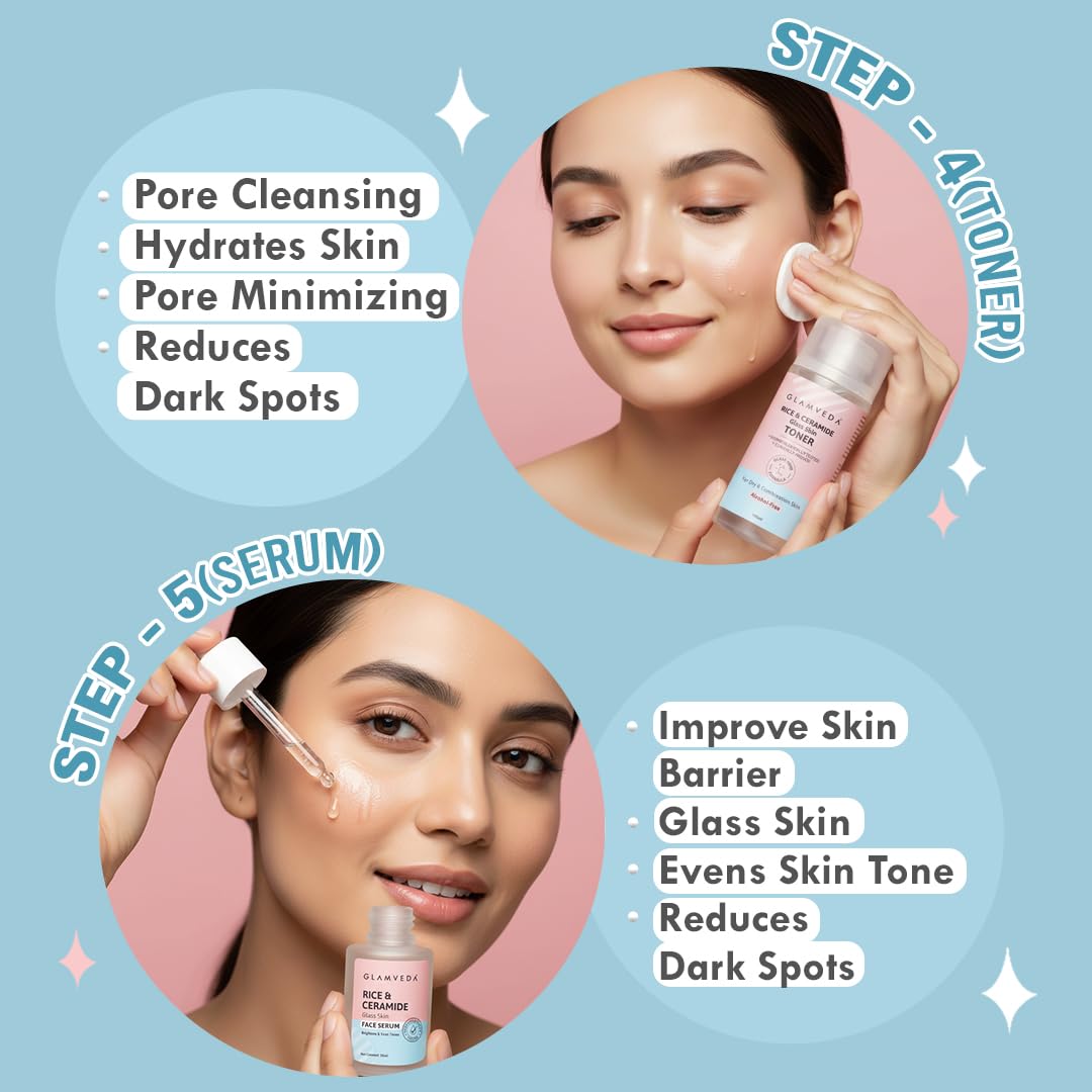 Glamveda Korean Rice & Ceramide 9 Step Skincare Routine For Women & Men | Face wash, Peel Off Mask, Toner, Serum, Under eye Cream, Moisturizer, Sunscreen, Body Lotion & Soap | Skin Brightening 2