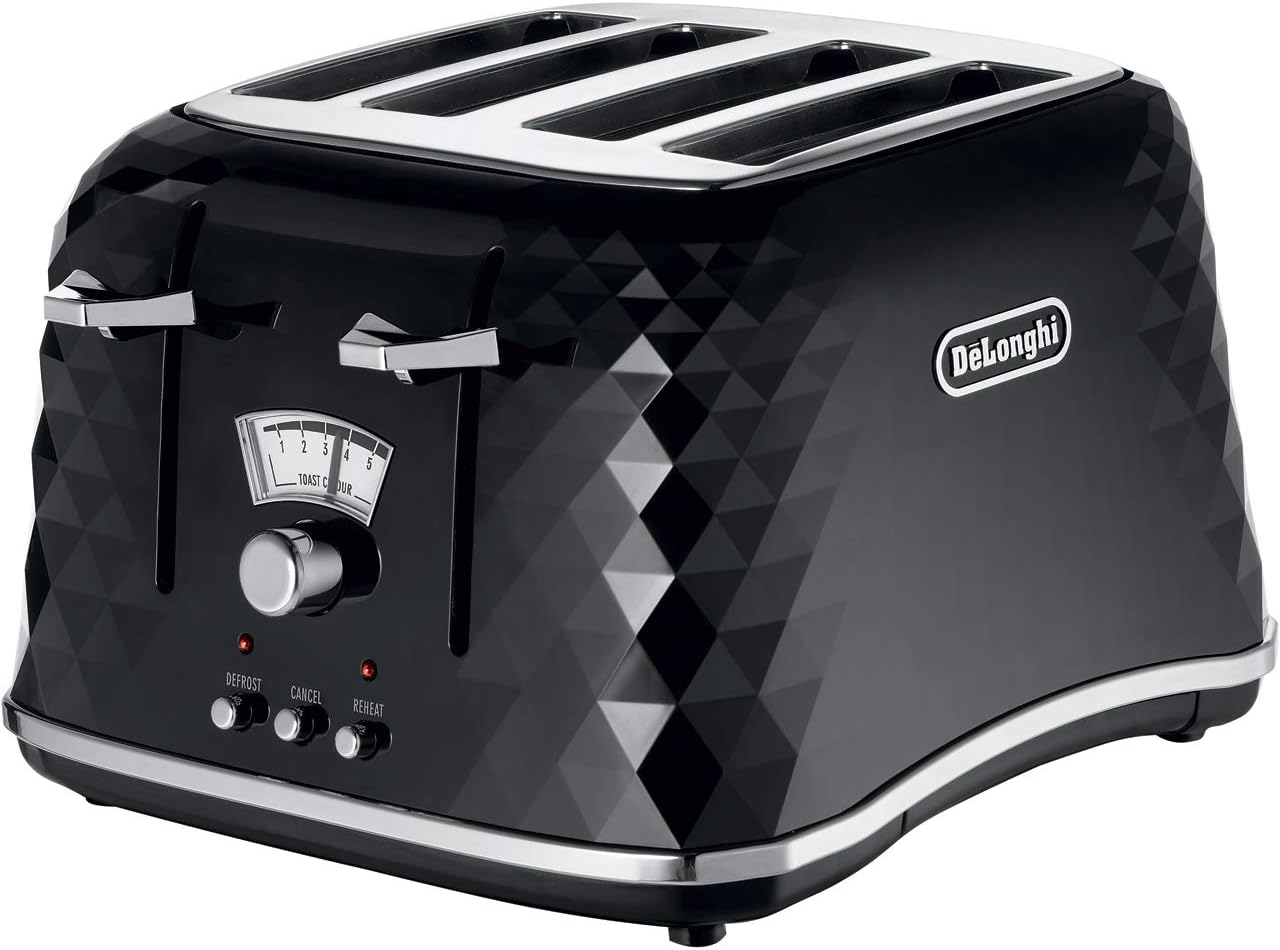 De'Longhi Brilliante 4-slot toaster, reheat, defrost and 6 browning settings, removable crumb tray, CTJ4003BK, Black