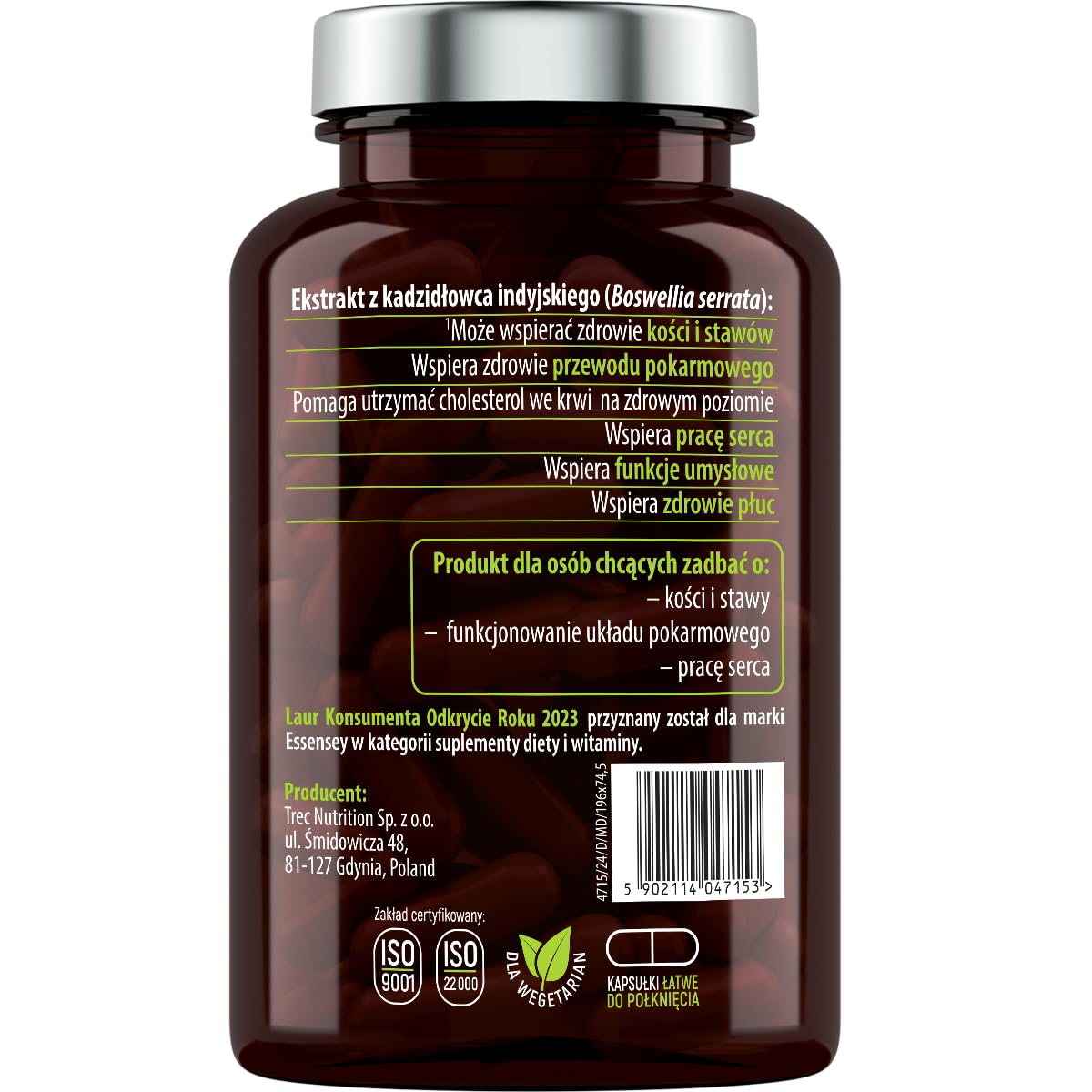 ESSENSEY - Kapsułki z Boswellią I 1000 mg w dziennej porcji I 90 Kapsułek I 600 mg Kwasu Bosweliowego I Dla wegetarianI 45 Dniowych porcji I Kapsułka z celulozy