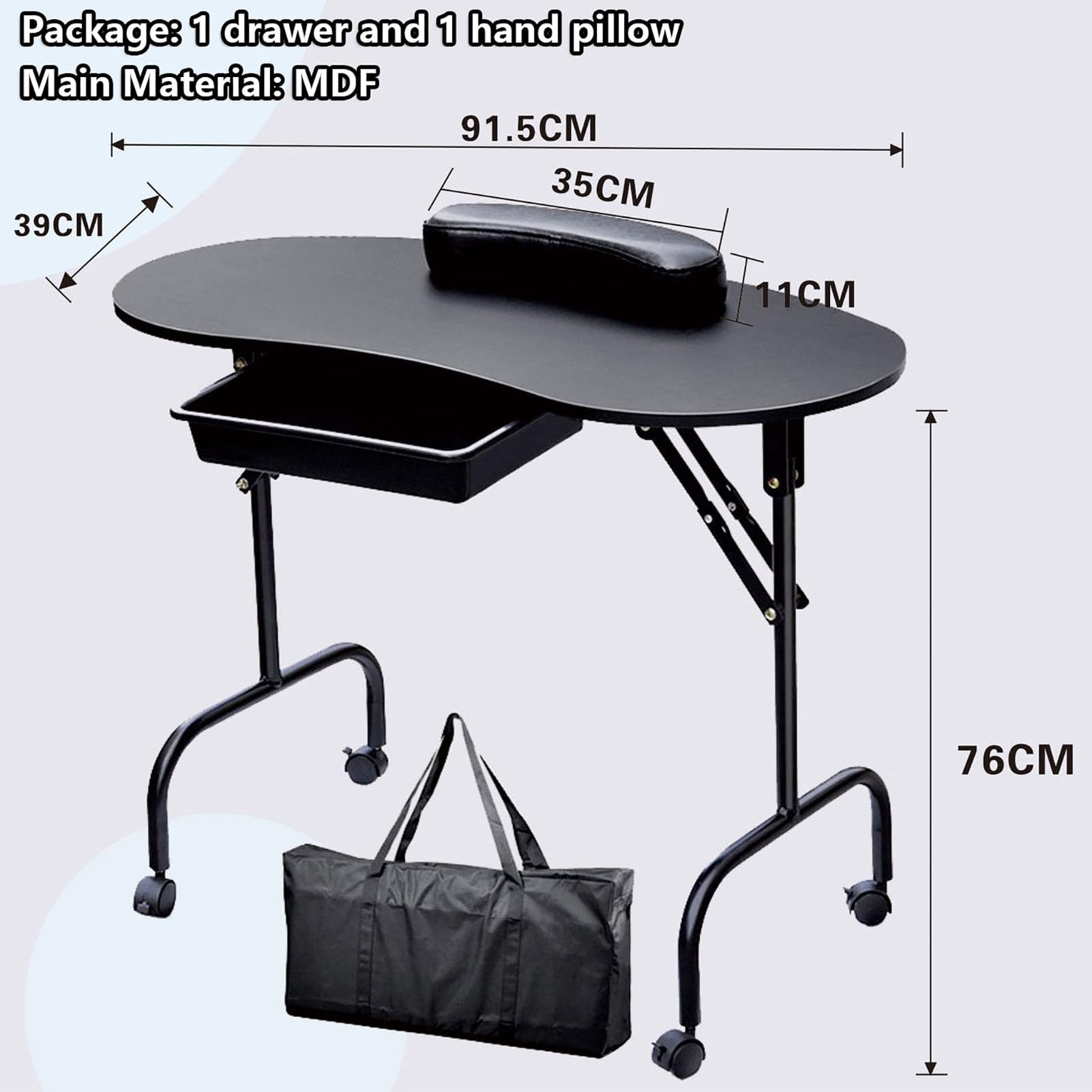 Tavolo pieghevole portatile per tecnici di manicure, con cuscinetto per il polso, grande cassetto, ruote bloccabili, postazione di lavoro per tecnici delle unghie