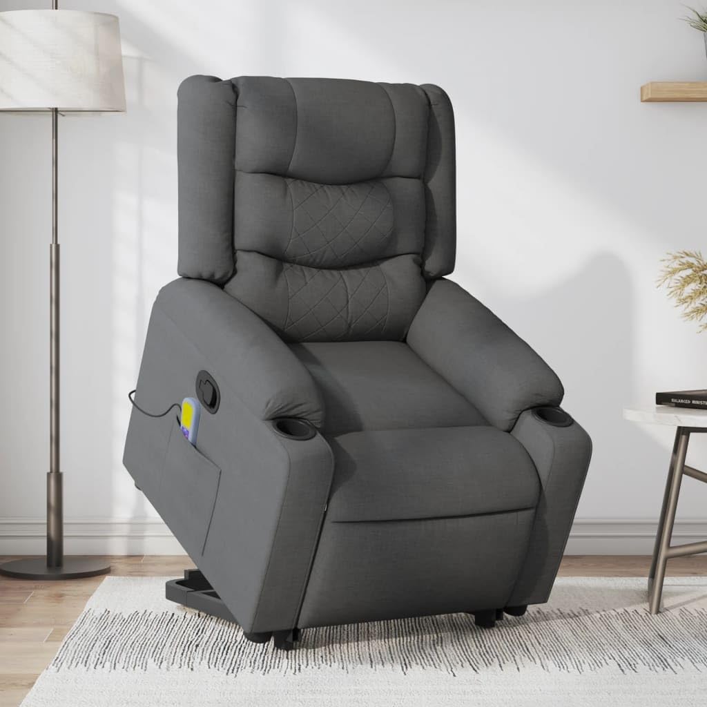 Sillón elevador de personas con masaje reclinable, color gris oscuro, tejido con 6 puntos de masaje y función de elevación eléctrica, silla relax para adultos con reclinación manual