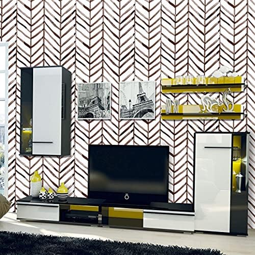 Self Adhesive Wallpaper Geometric Pattern 44.5 X 300CM, Shackcom Modern Stripe Contact Paper Herringbone Brown White Vinyl Furniture Stickers, Removable Waterproof Anti-scratch for Wall Furniture Door