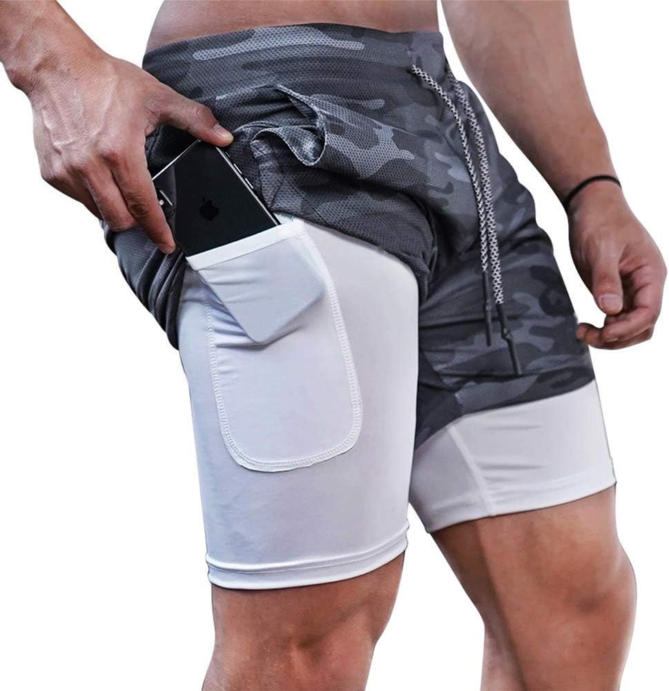 Mens Running Gym 2 in 1 Sports Shorts Breathable Outdoor Workout Training Shorts with Pockets