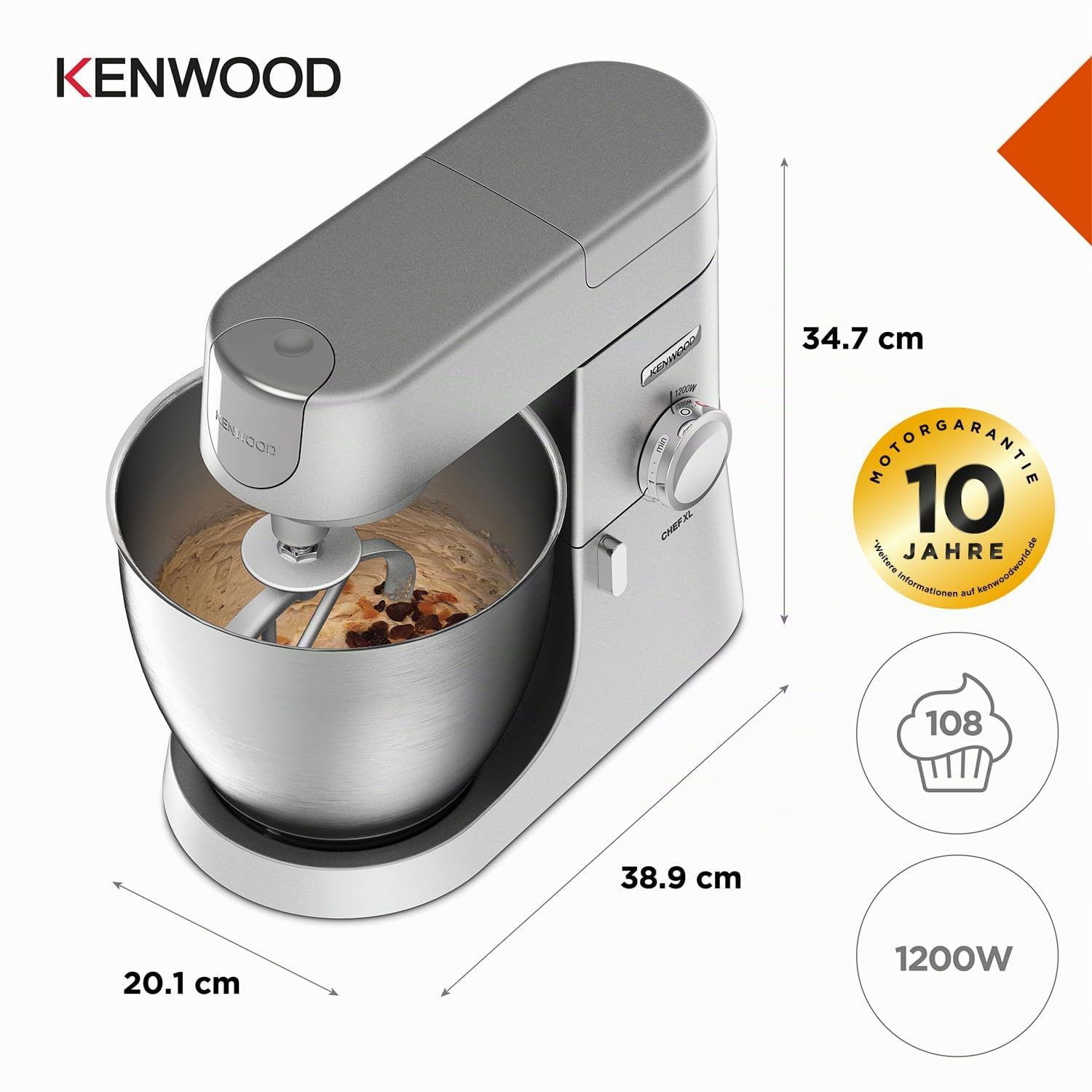 Kenwood Chef XL KVL4100S – Küchenmaschine mit großer 6,7 l Edelstahl-Rührschüssel, multifunktionaler Küchenhelfer, 1200 W, inkl. 3-teiligem Patisserie-Set, silber