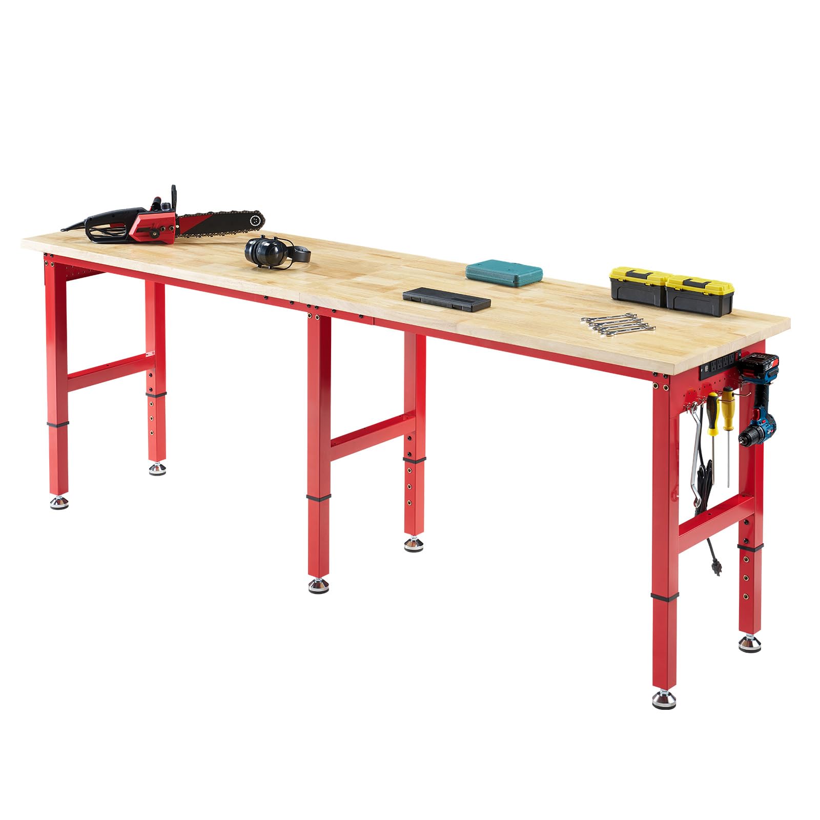 Albott 72x24 in Adjustable Workbench with Power Outlets, 6000 LBs Heavy Duty Work Table with Hooks, Solid Rubber Wood Top, for Garage, Woodworking,