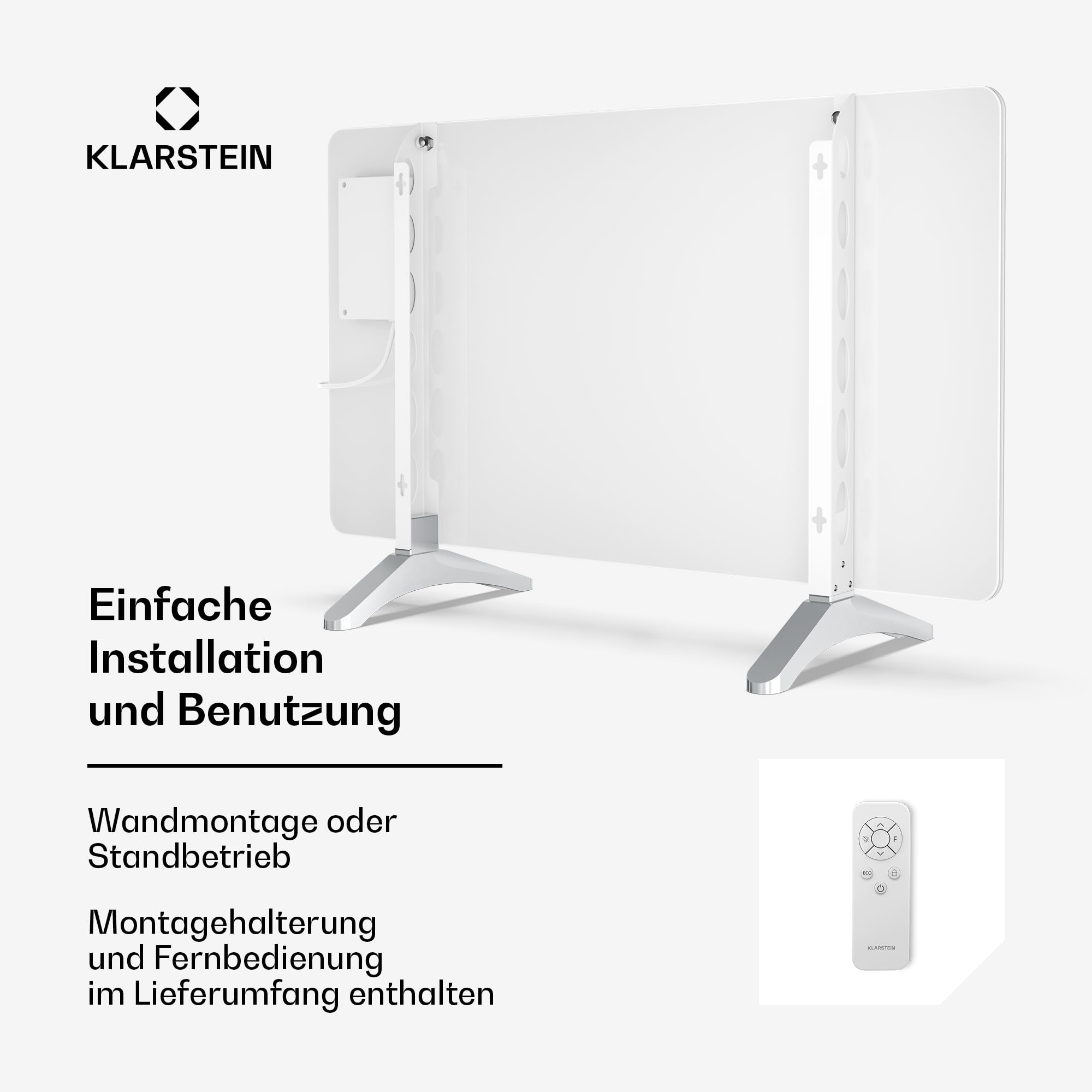 Klarstein Infrarotheizung 480W – Wandmontage & Standgerät, Thermostat, App-Steuerung, IP43, Glas-Design, Überhitzungsschutz, für Bad & Wohnzimmer, elektrische Wandheizung, Weiß