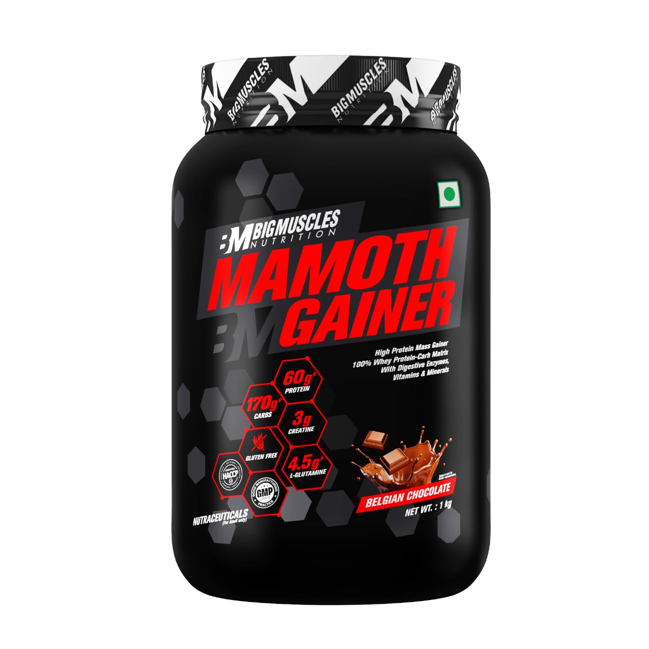 Bigmuscles Nutrition Mamoth Gainer Powder [Belgian Chocolate, 1Kg] | High Protein Muscle Mass & Weight Gainer | With Vitamins & Minerals, Creatine & Digestive Enzymes