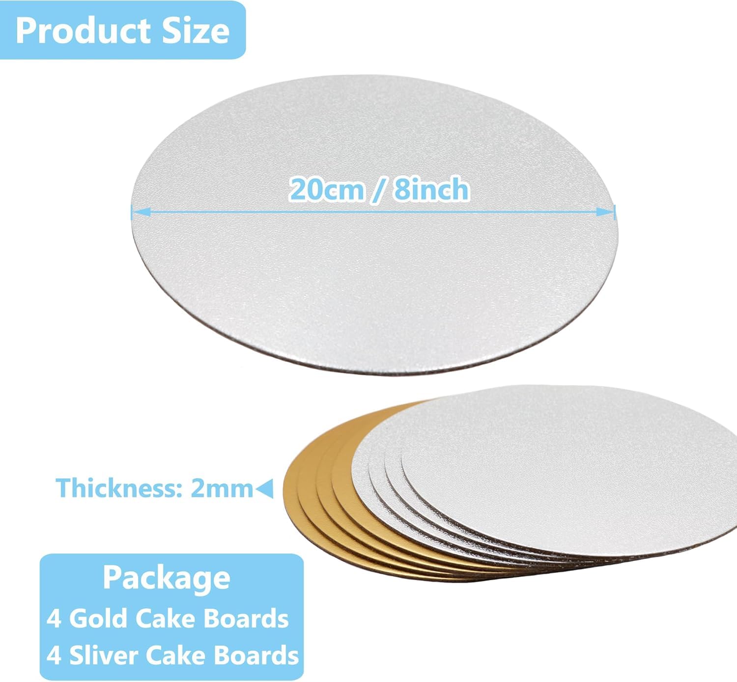 TrendyTrolley 8Pcs Cake Boards, MDF Cardboard -Round Cake Board | 4 Silver- 4 Gold |2 mm Thick | Cake Base Plates Silver & Gold Cake Board | Reusable Cake Base | for Birthday Wedding (8 inch) 1