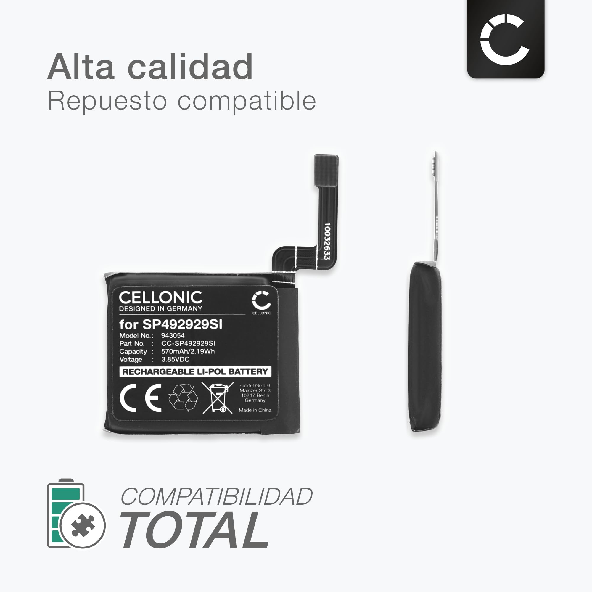 CELLONIC 1x Batería para Smartwatch y Pulsera de Fitness Compatible con TicWatch Pro 3, SP492929SI - (570mAh, 3.85V)