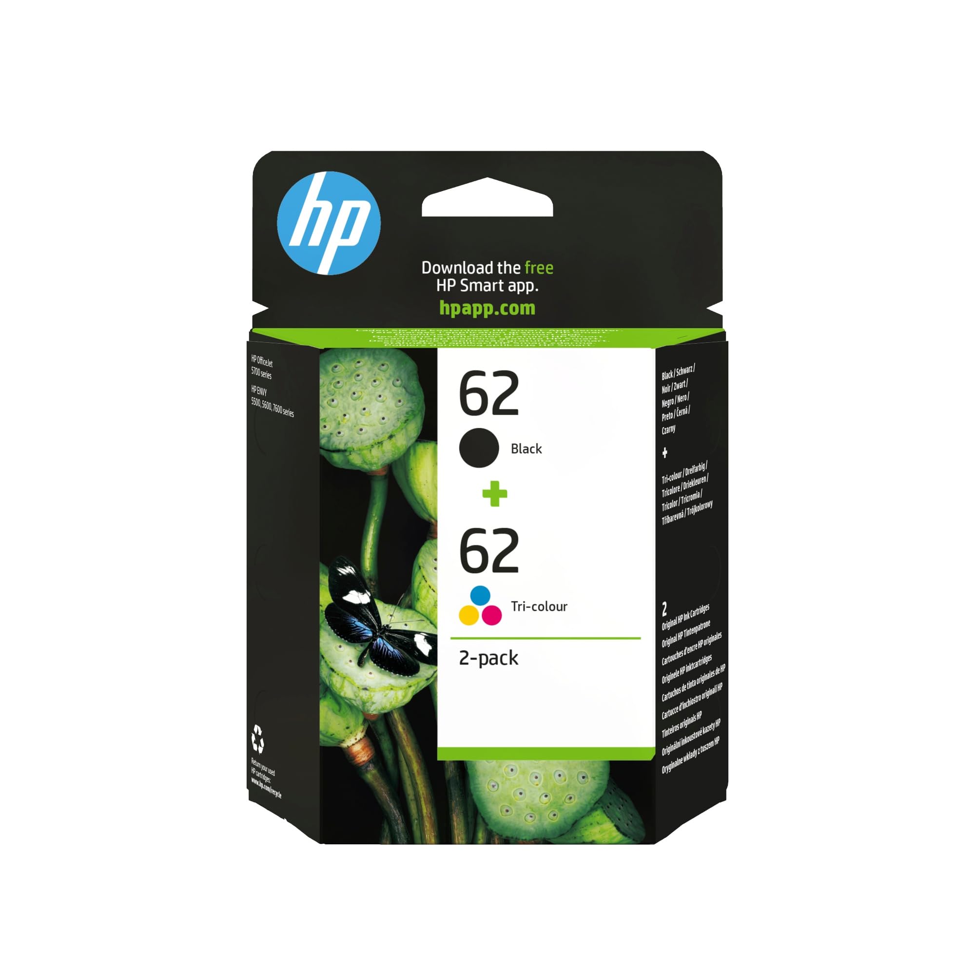 HP N9J71AE 62 Cartucho de Tinta Original, 2 unidades, Tricolor/Negro, Estándar ECOLOGO
