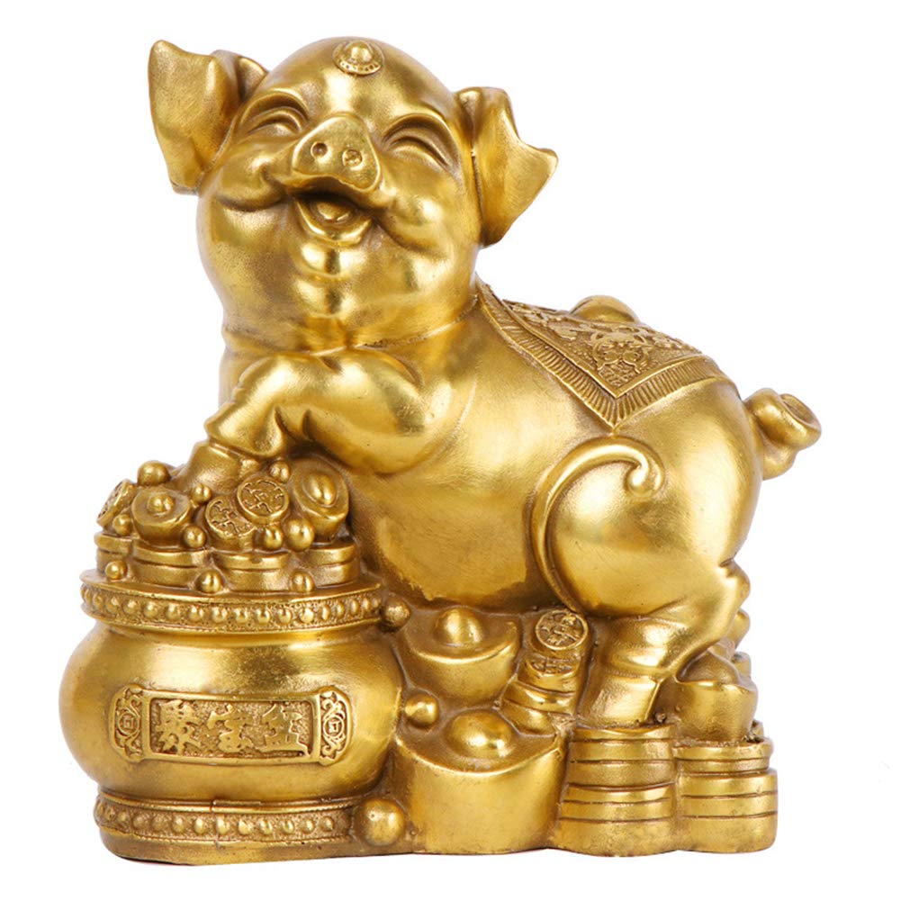 SnamicE ornaments chinese brass statue ornament pig with treasure basin/ru yi figurines sculpture wealth prosperity home office decoration gift,b,A-A