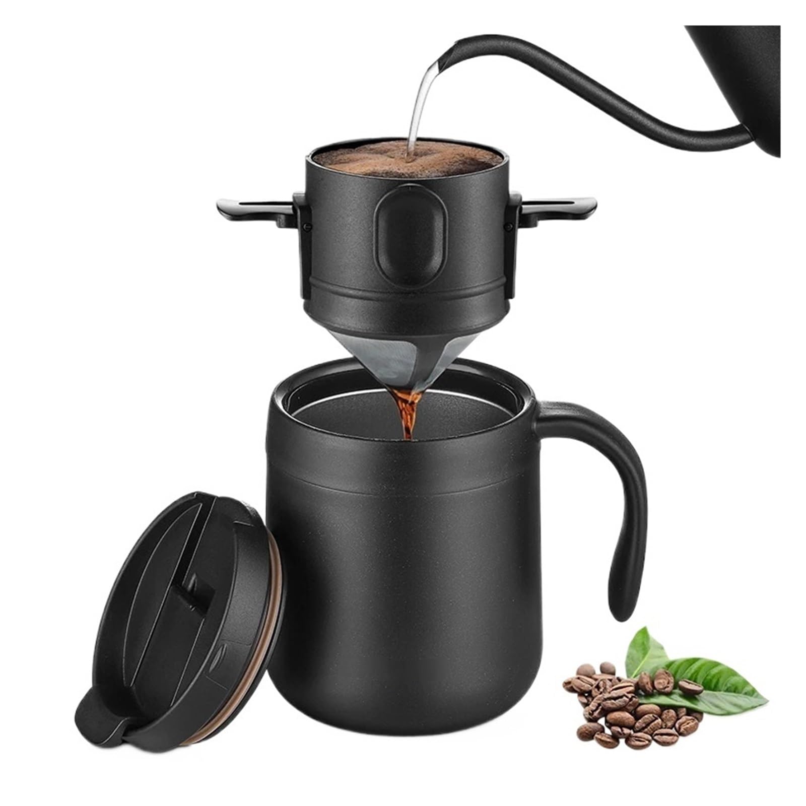Genérico Filtro de café portátil acero inoxidable 304, soporte for té por goteo, taza reutilizable, juego tazas con gotero, utensilios(Black2)