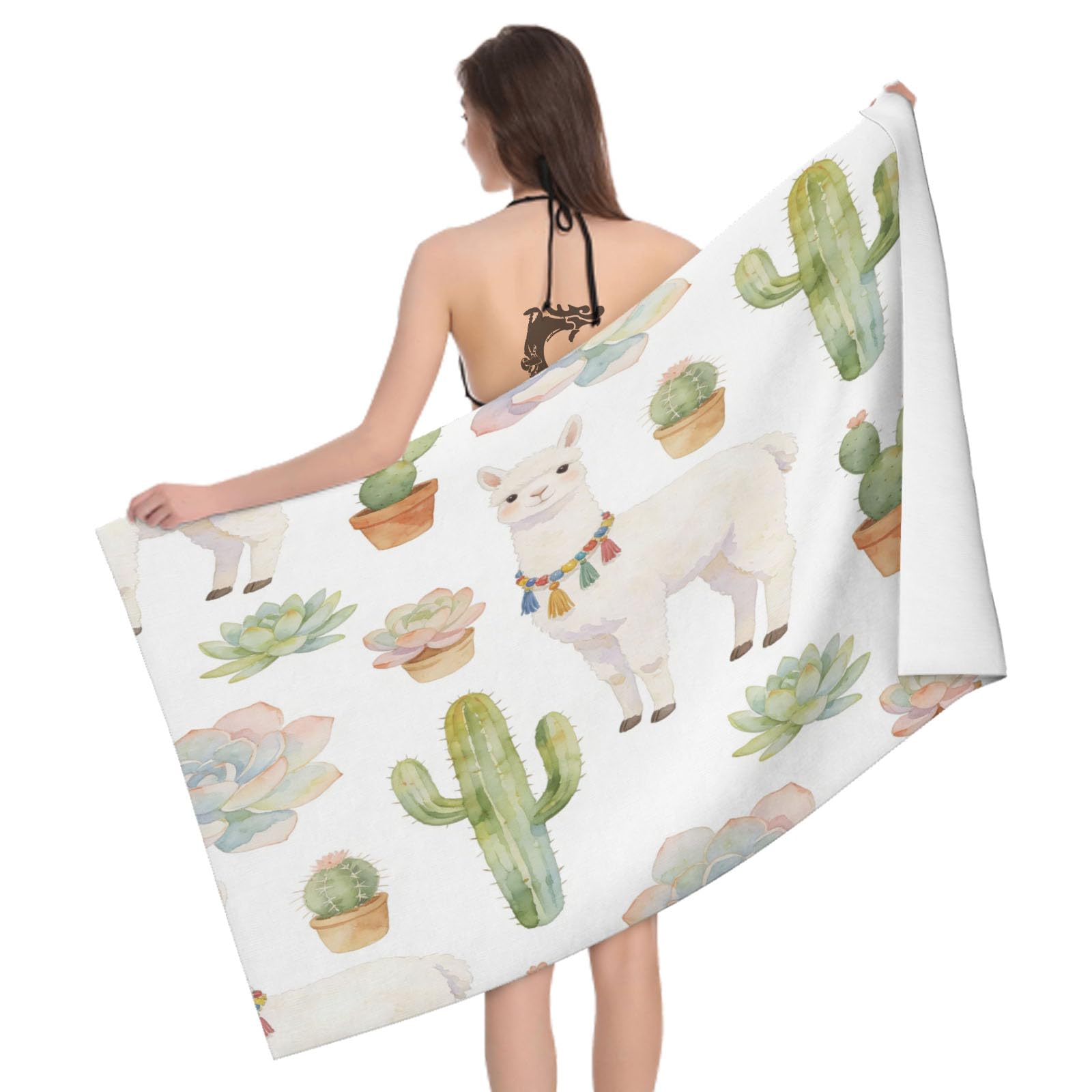 Leichong 3D Alpaca Beach Towel Large Microfiber Soft Quick Dry for Adults, Cactus Succulent Bath Towel Lightweight Soft Absorbent for Travel Swimming Pool Sports, 80 x 160 cm