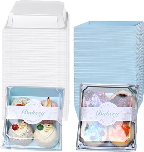 Miniatura 9 de DeziWood Paquete de 50 cajas de charcutería con tapas transparentes y seguras y 50 calcomanías, 5.3 x 4.9 x 2.5 pulgadas, cuadrados rosados,