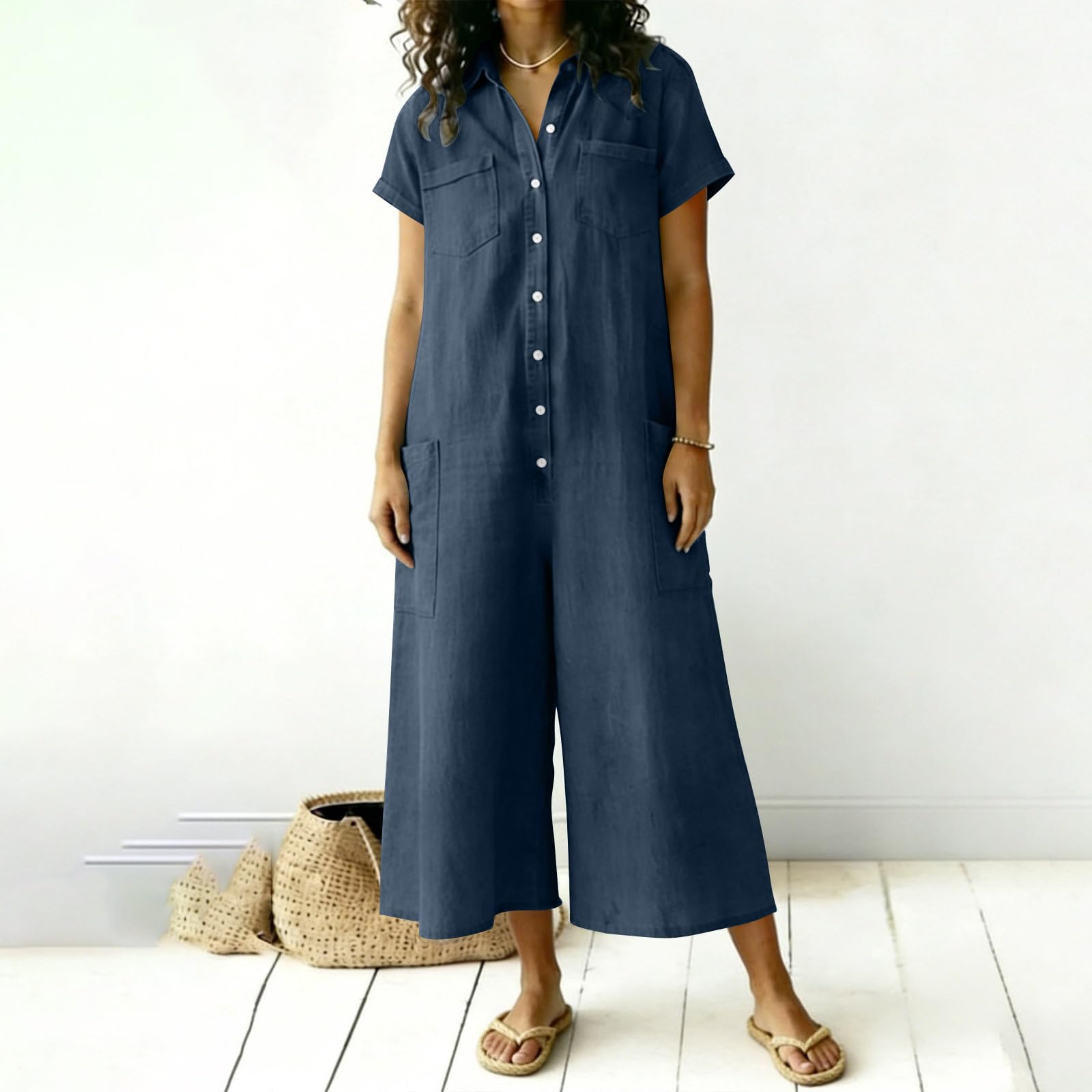 Combinaison en Lin pour Femme Ample et Respirant Combinaison Pantalon Fluide Femmes été Jambes Larges Grande Taille Coupe Droite Palazzo Salopettes de Travail Chic Jumpsuit de Plage