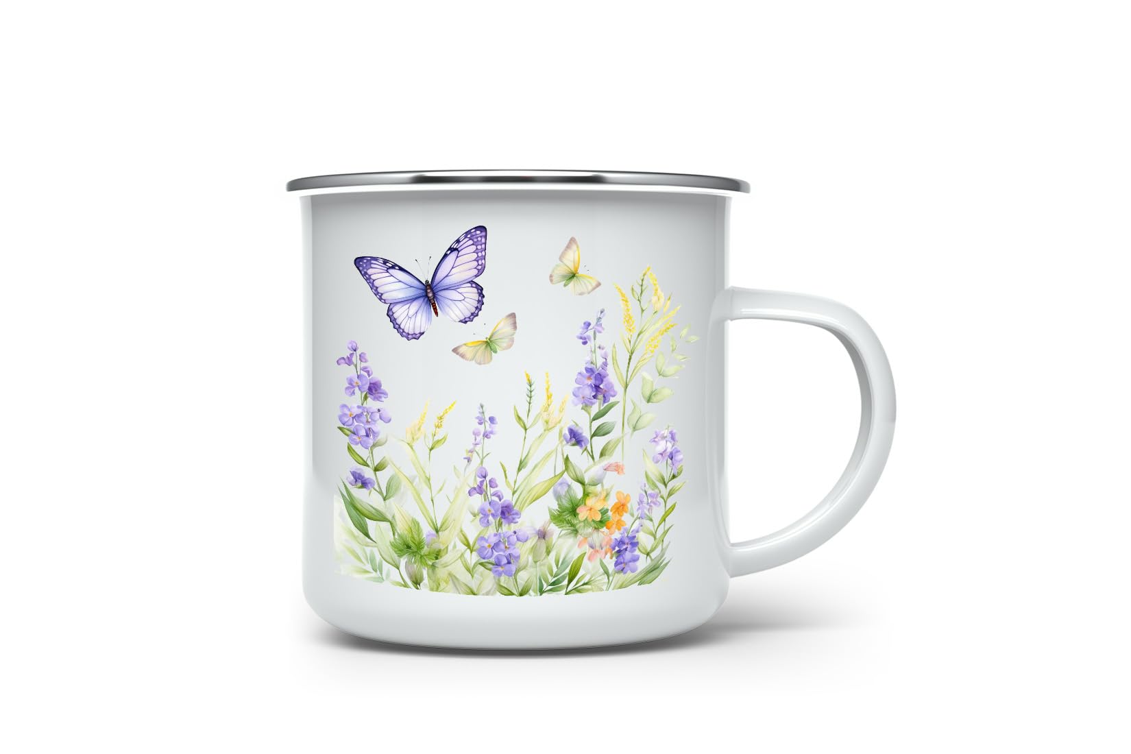MAXIKIWI - Durable Enamel Coffee or Tea Camping Mug for Indoor Outdoor Use - Butterfly Spring Wildflowers - 350ml