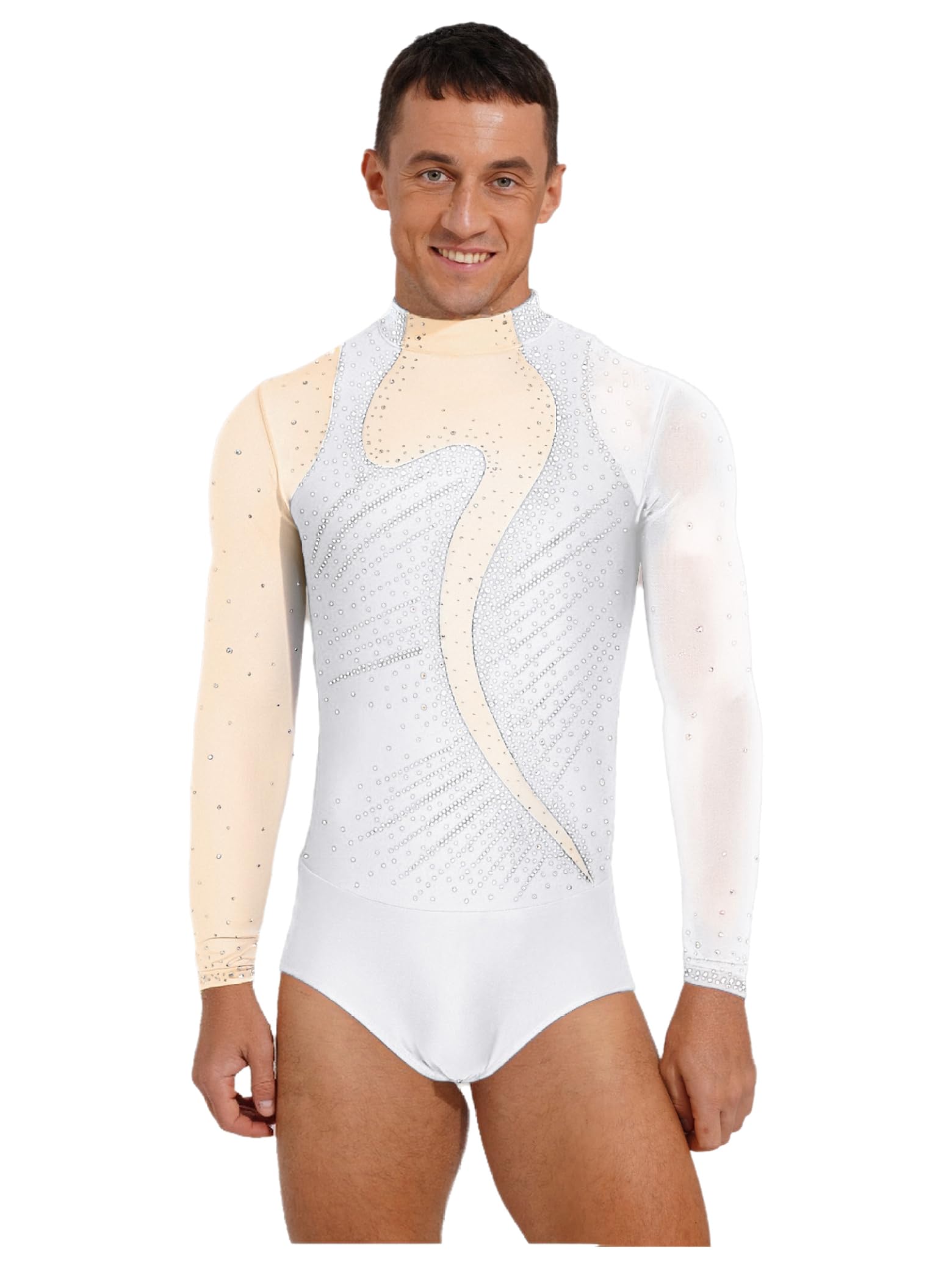Body de danse à manches longues pour homme - Strass - Couleur contrastée - Maille - Gymnastique - Sport - Patinage sur glace - Costume de danse