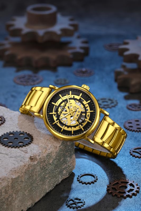 Image of Giordano Analog Quartz Watch for Men with Skeleton Round Dial, Date Function, Luminous Hands and Markers, Leather & Stainless Steel Strap - GZ-50182