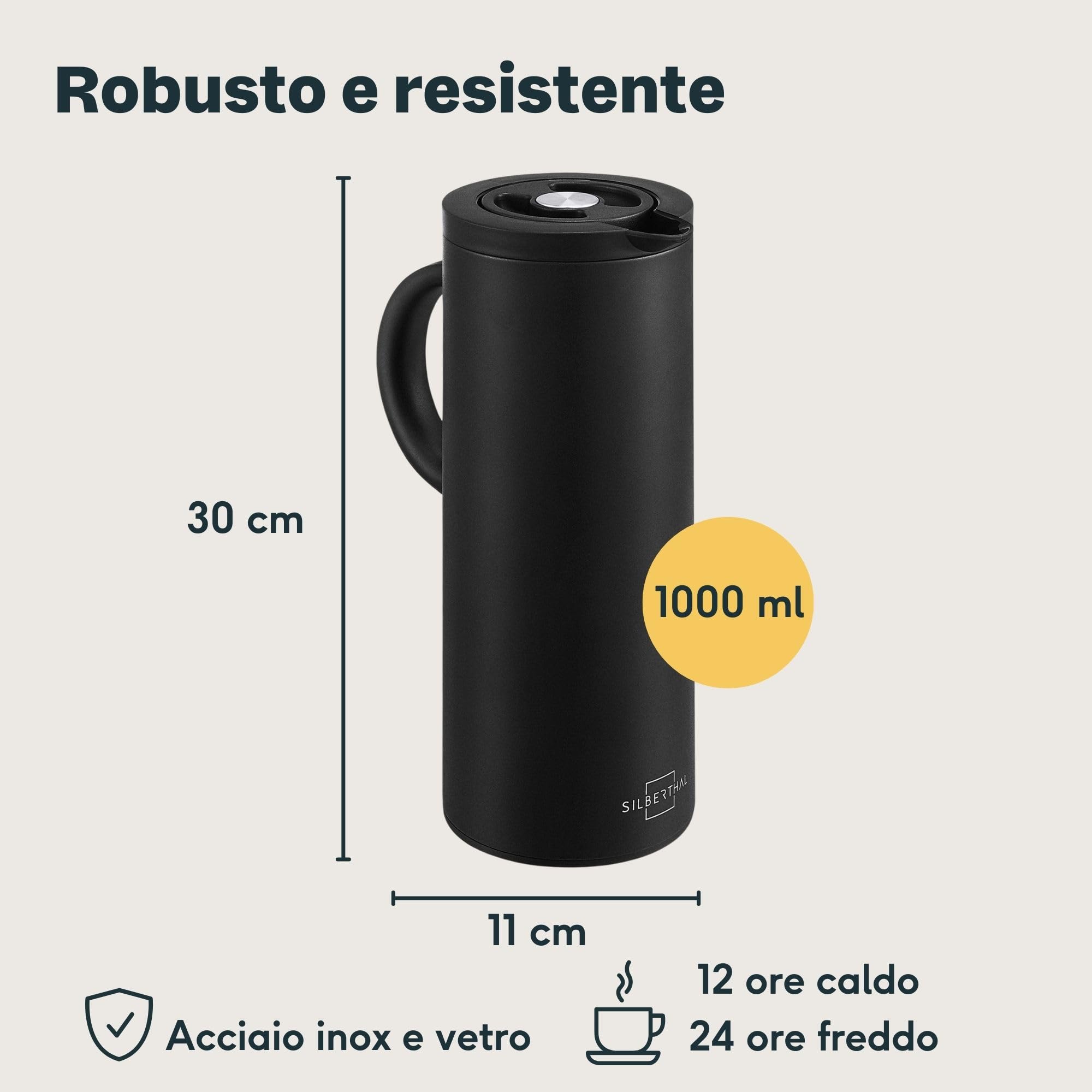 SILBERTHAL Caraffa termica caffe caldo Acciaio inox | Thermos caffè 1 litro | Brocca termica a doppia parete isolata | Caraffa termica nera | Termos per bevande calda