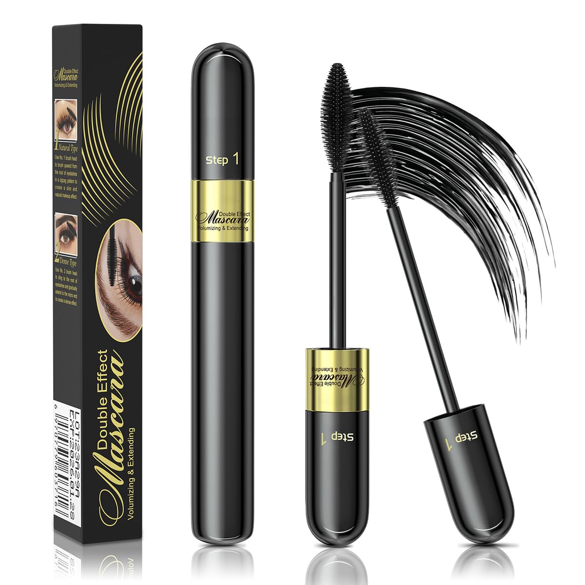 Photo 1 of 2 In 1 Waterproof Black Telescopic Tubing Mascara, Cosmetics Natural Volume And Lengthening Dual Effect 4d Silk Fiber Mascara, No Falling And No Clumping(Pack Of 1)