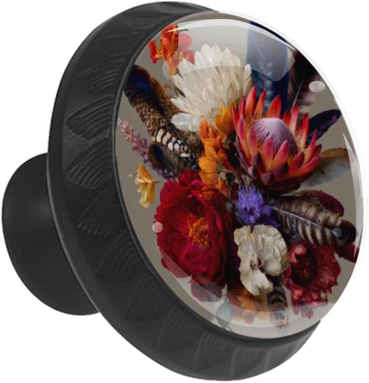 Black Flowers and Feathers (1) Drawer Pulls with Screws, Black Base Glass Knobs with Flowers and Feathers (1) Pattern