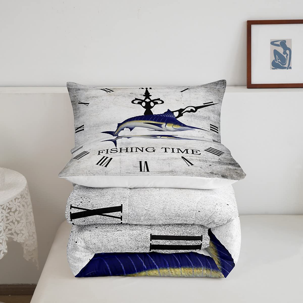 Marlin - Set di biancheria da letto per pesca in mare profondo, set di biancheria da letto per la caccia e la pesca, per ragazzi e ragazze, vita marina, decorazione per camera da letto, set copripium