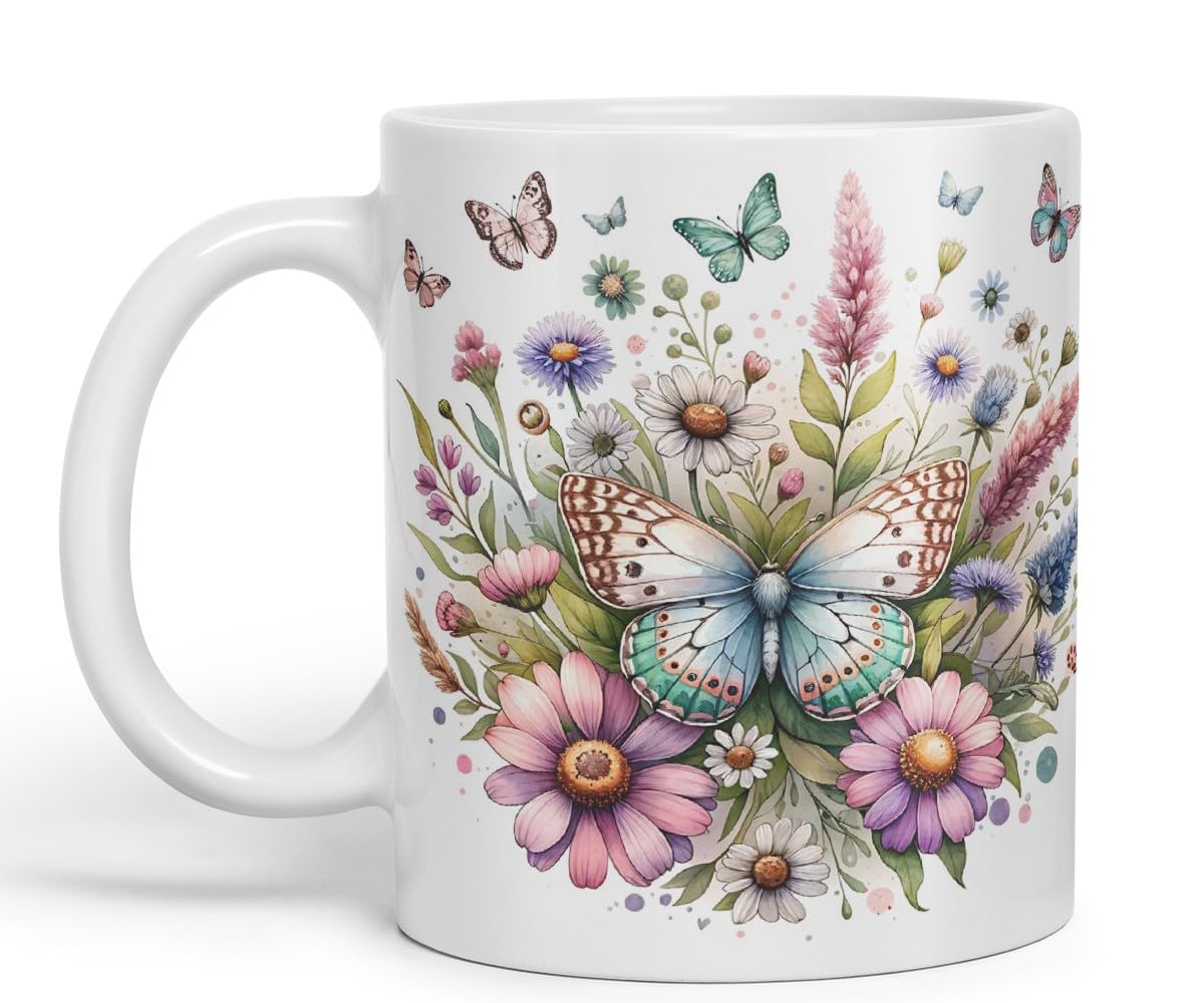 Vixar Butterflies and Wildflowers Coloured Mug Cup Floral Garden Nature Gift 11oz (White)