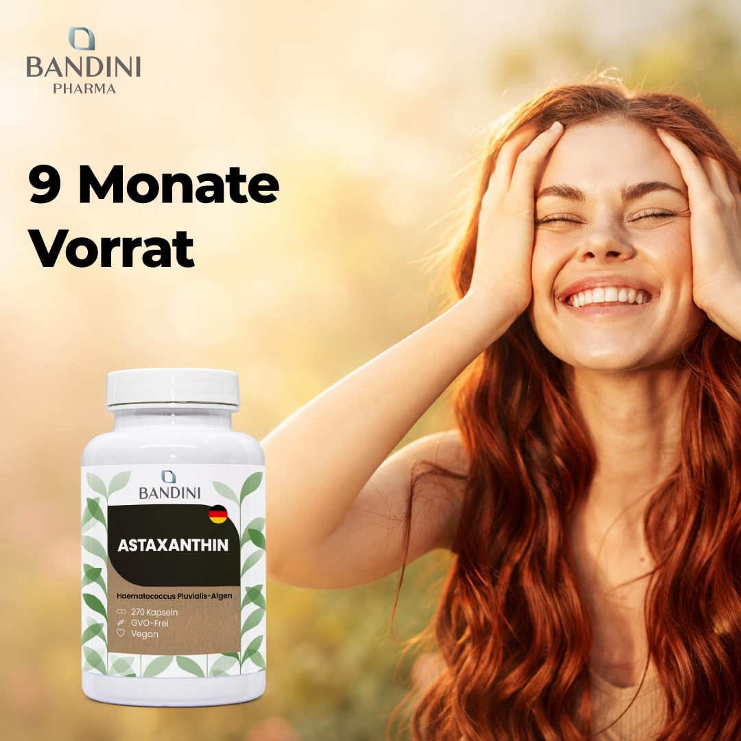 Bandini® Pure Astaxanthin 270 Kapseln, 9 Monate Vorrat (1 Kapsel pro Tag), Alge Haematococcus Pluvialis - Natürliches Astaxanthin, frei von Magnesiumstearat, GMO-frei