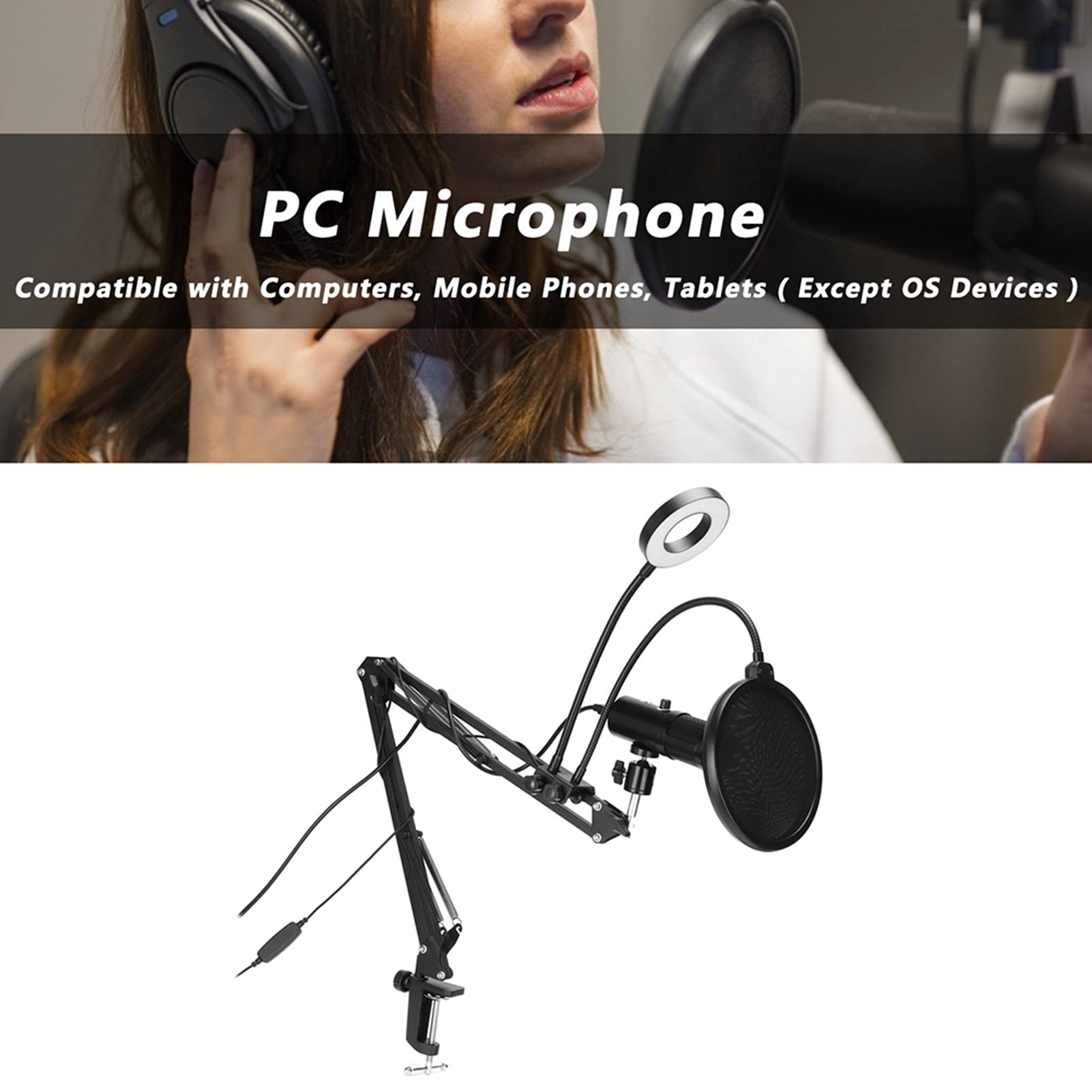 Goshyda Ensemble de Microphones USB, Kit de Micros à Condensateur Cardioïde pour Podcast PC, Lumière RVB Muette à Une Touche, avec Filtre Anti- à Montage sur Bras de Perche(Le