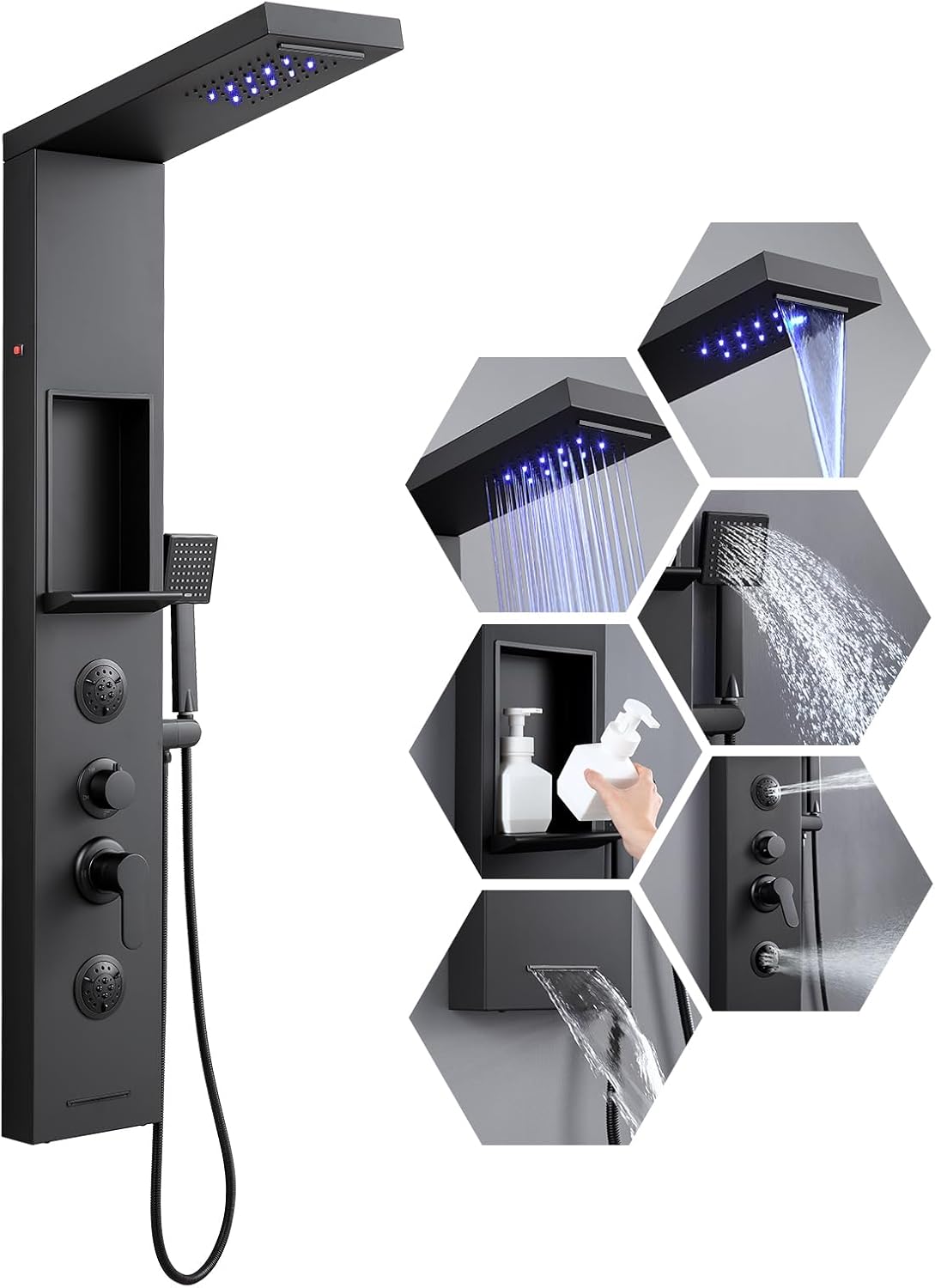 ROVATE Matte Black LED Rainfall Waterfall Shower Panel Tower System with Shelf - Powerful Stainless Steel Shower Column with Mist and Massage Body Jets, Handheld, Waterfall Tub Spout