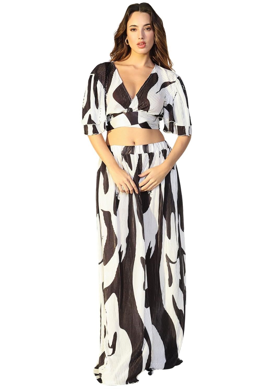 Edition Women's Black Abstract Print V-Neck Top Co-Ords Set with Skirt-2338-1_Black-P-image-34