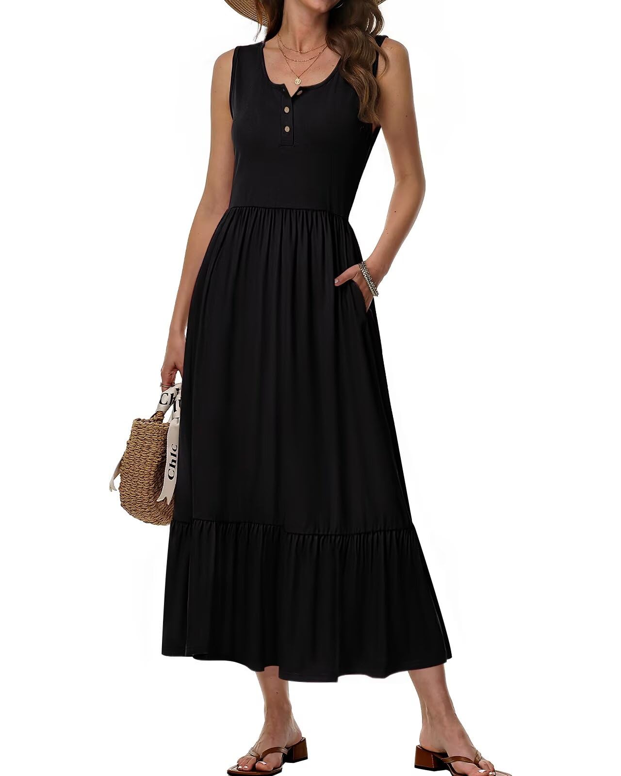 Tanmolo Damen Sommer-Maxikleid Ärmellos mit Taschen für Strand & Alltag | Leicht und Luftig, Weich & Elastisch, Knitterarm, Figurfreundlicher A-Linien-Schnitt, Vielseitig Kombinierbar